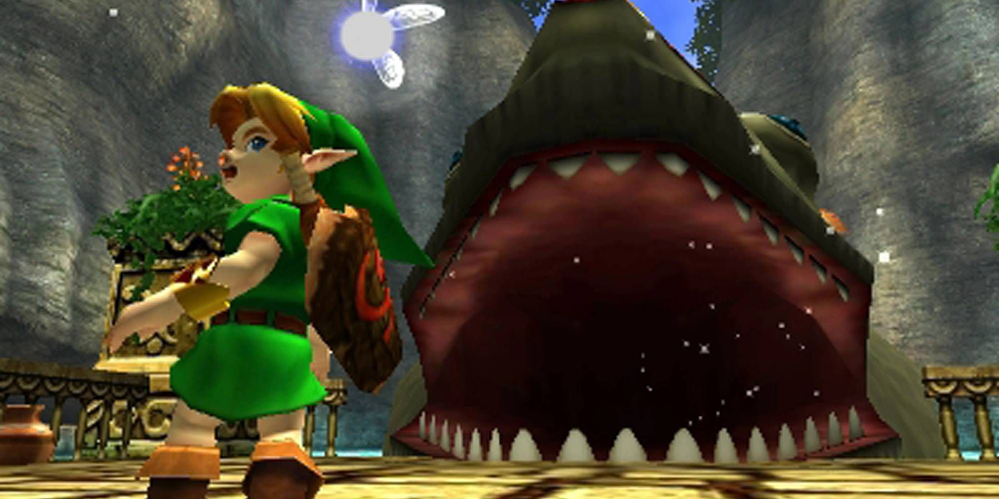 A screenshot of Link and Na'Vi as a sea creature roars in front of them