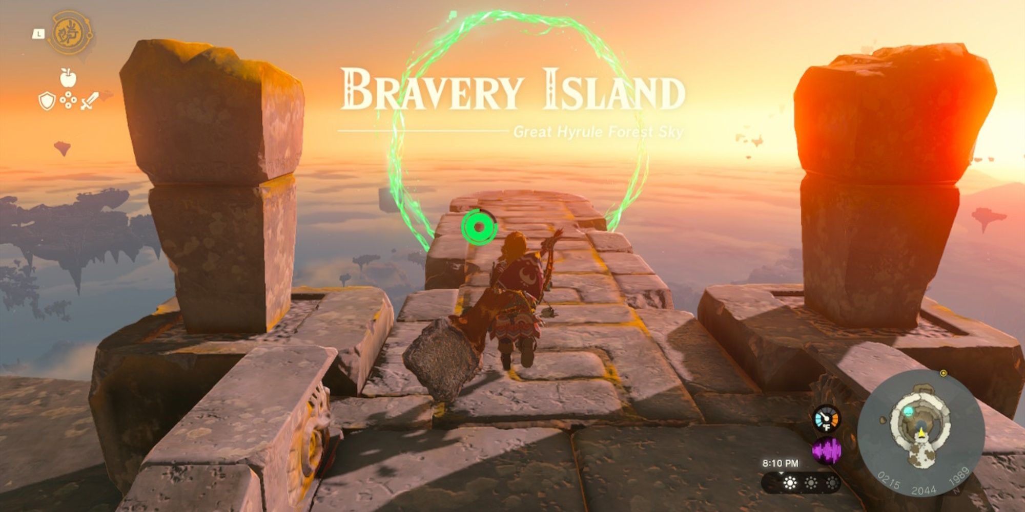 Link attempting the Ring Challenge at Bravery Island to unlock the Simosiwak Shrine in The Legend of Zelda: Tears of the Kingdom