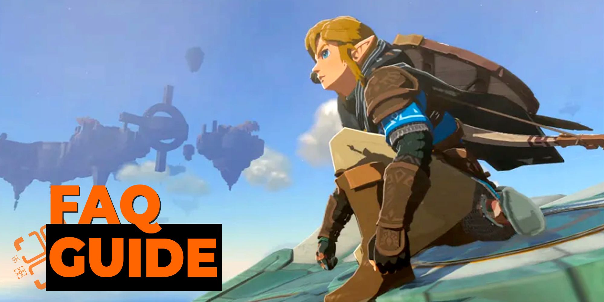 The Legend of Zelda Tears of the Kingdom: Link crouches on a Wing device high in the sky