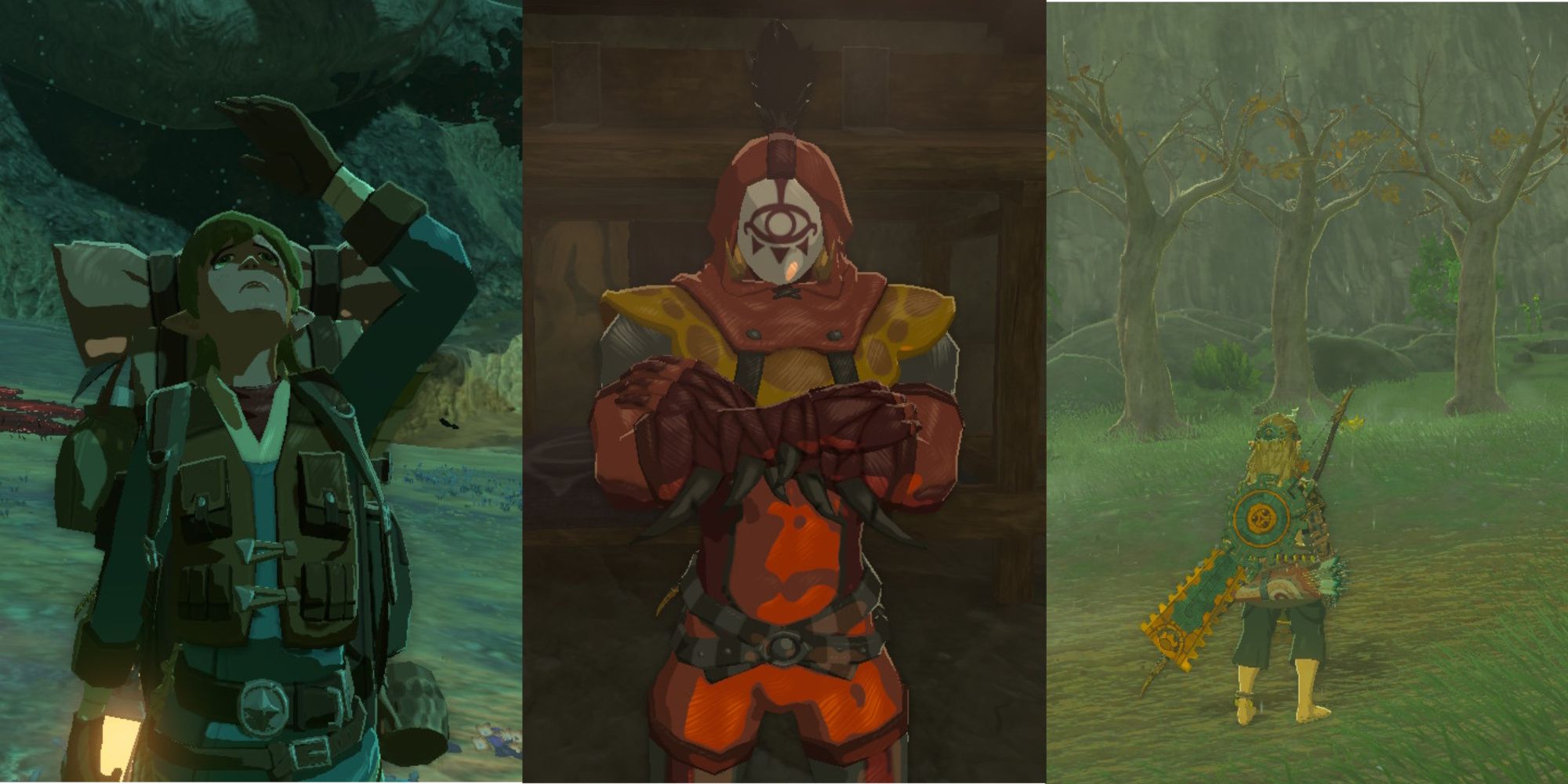 the legend of zelda tears of the kingdom featured image best yiga clan disguises featuring a researcher in the depths, a yiga clan blademaster, and the yiga clan trees