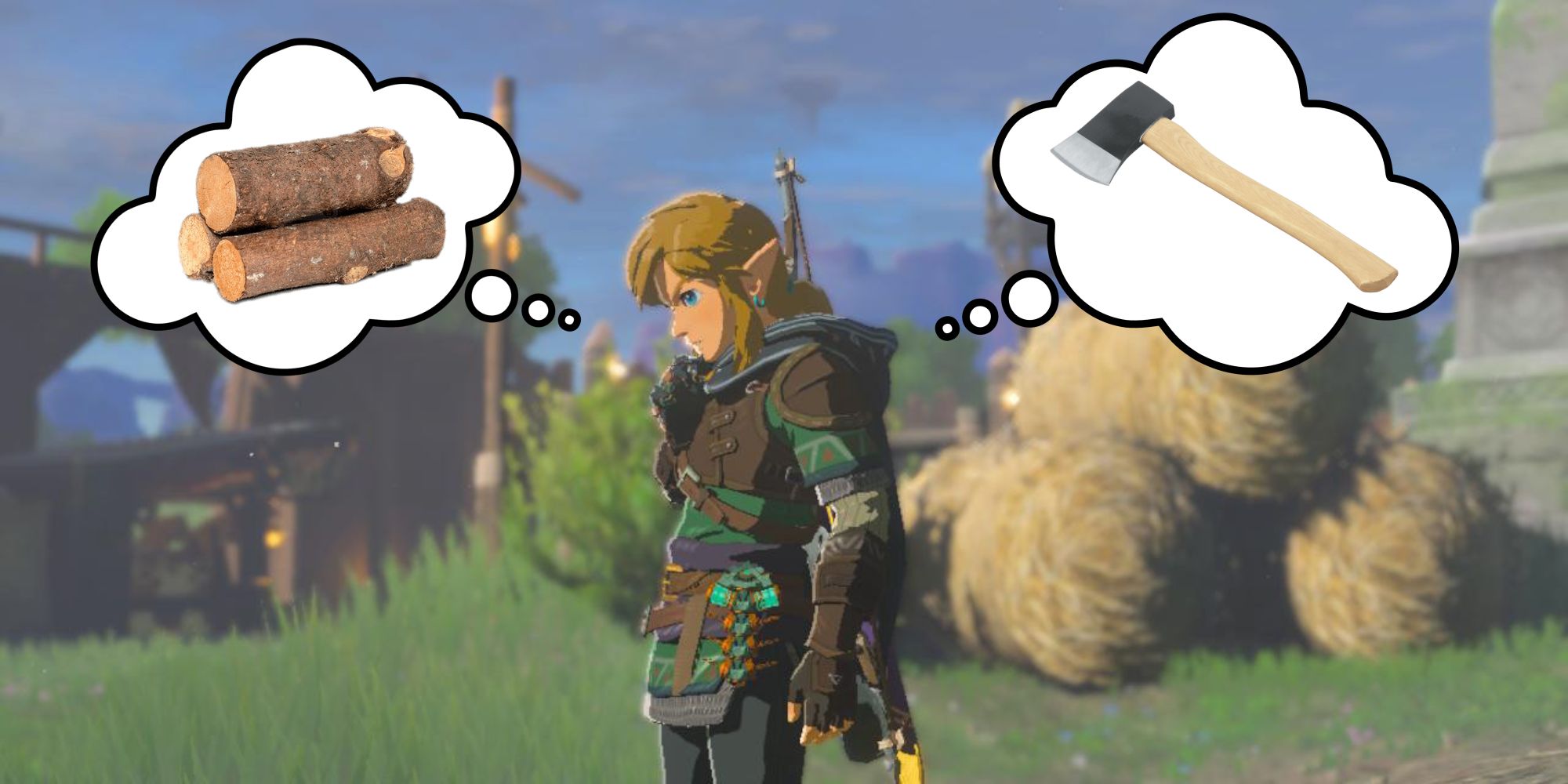 The Legend Of Zelda Tears Of The Kingdom - Link Thinking About Logs And An Axe