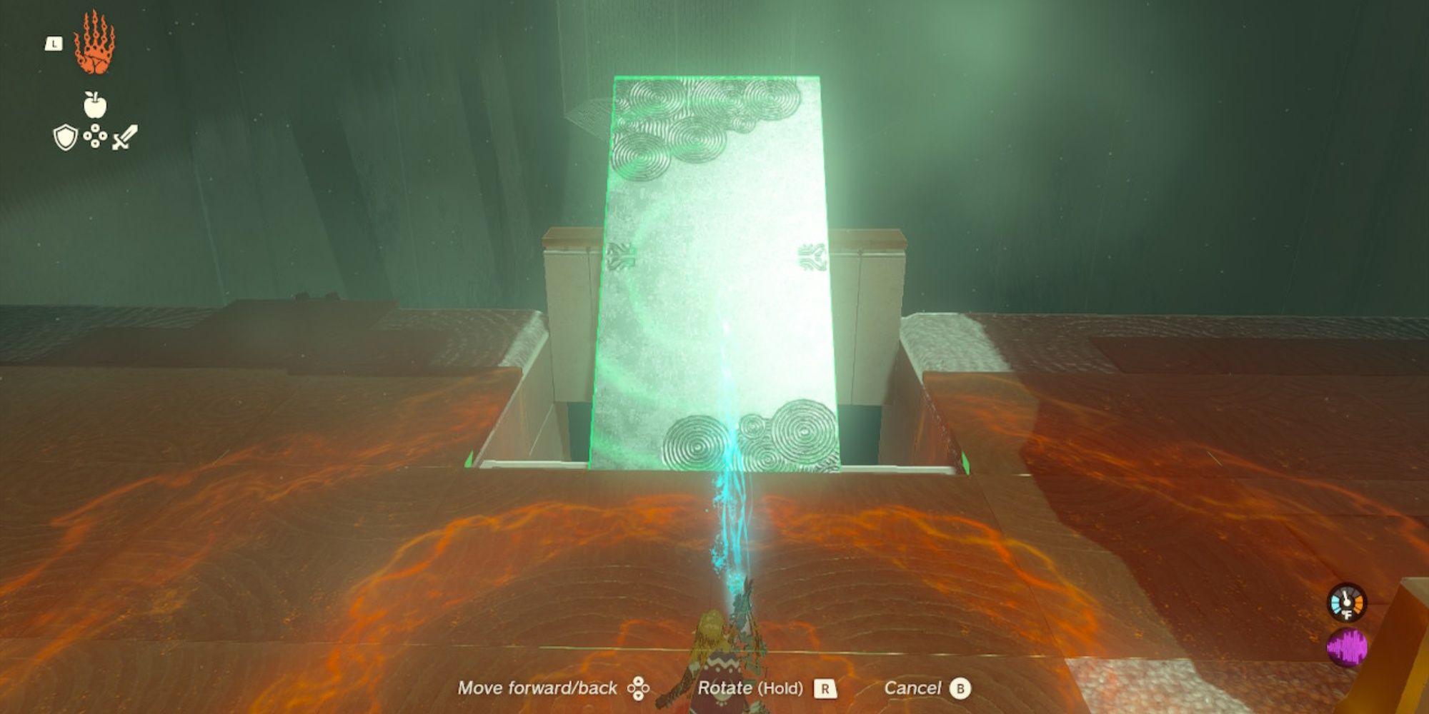 Link using his Ultrahand ability to place a Stone Slab at an angle to create a ramp in the Ren-iz Shrine in The Legend of Zelda: Tears of the Kingdom