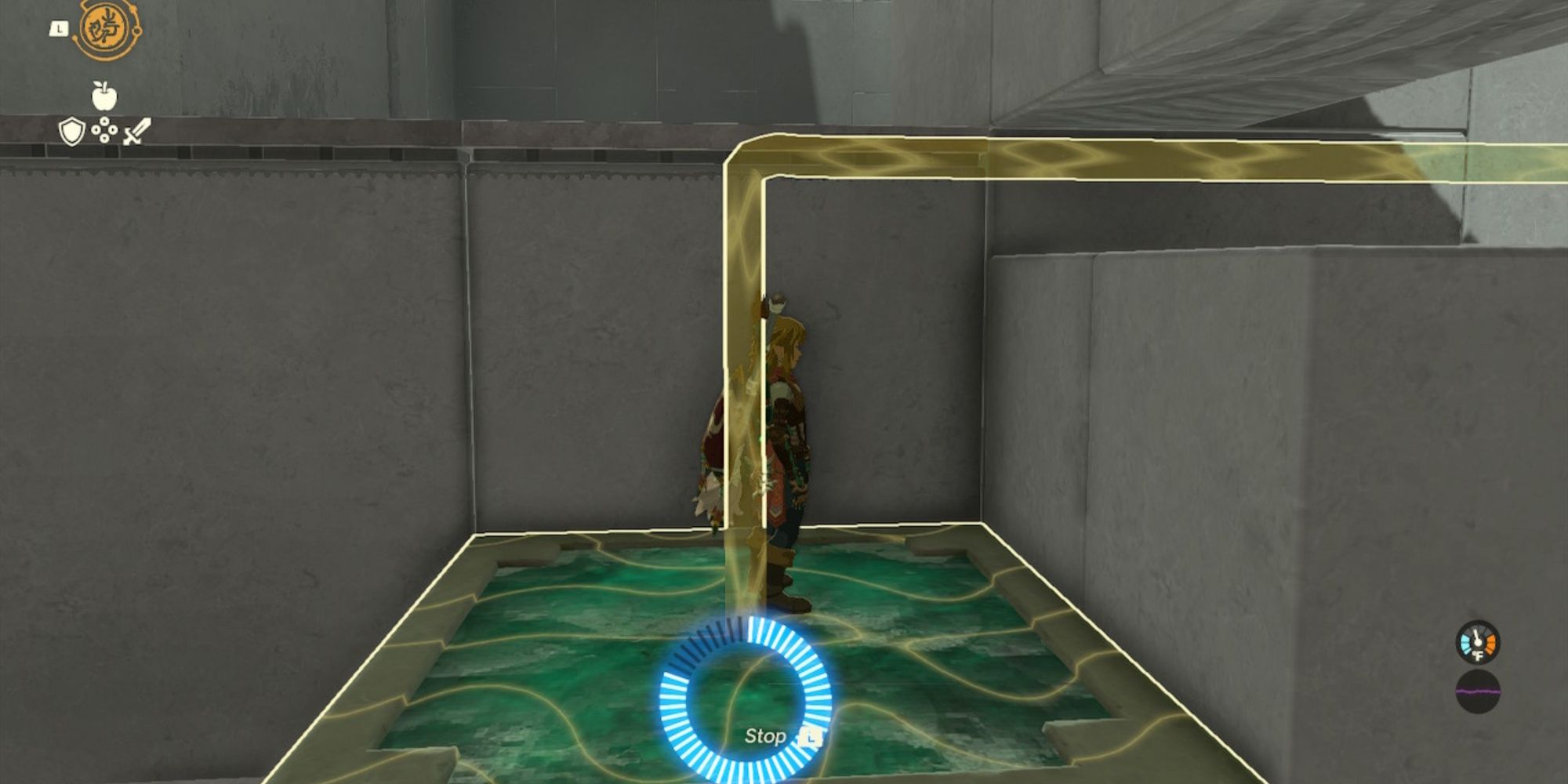 Link standing on a platform whose orbit was reversed by a recall at the Temple of Sepapa in The Legend of Zelda: The Kingdom of Tears.