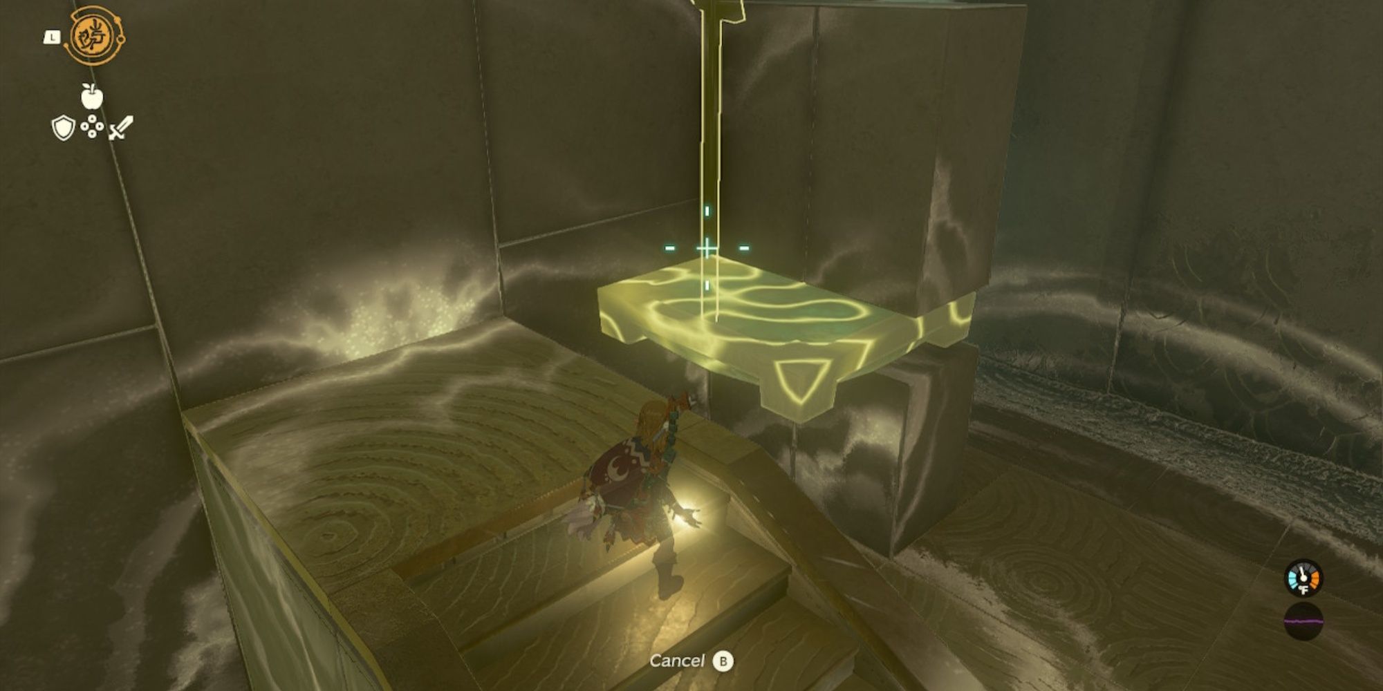 Link using the Recall function to reverse the direction the platform is moving at the Sepapa Shrine in The Legend of Zelda: Tears of the Kingdom