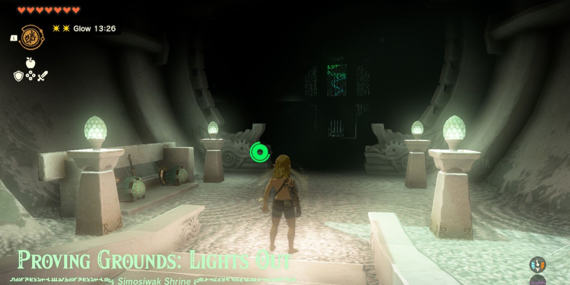 Link standing at the entrance of the Simosiwak Shrine and approaching the Shields and Weapons in The Legend of Zelda: Tears of the Kingdom