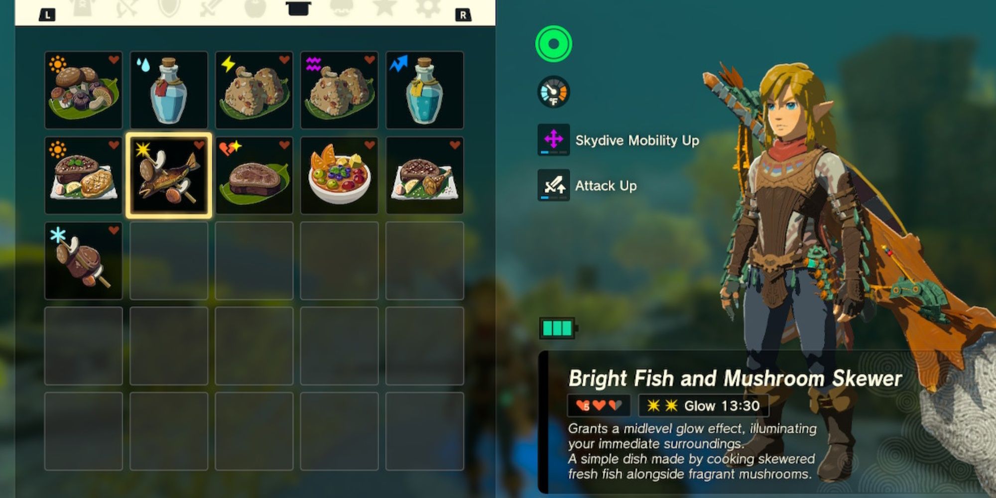 Link eating a light fish and a mushroom skewer to get a glow effect in The Legend of Zelda: Tears of the Kingdom