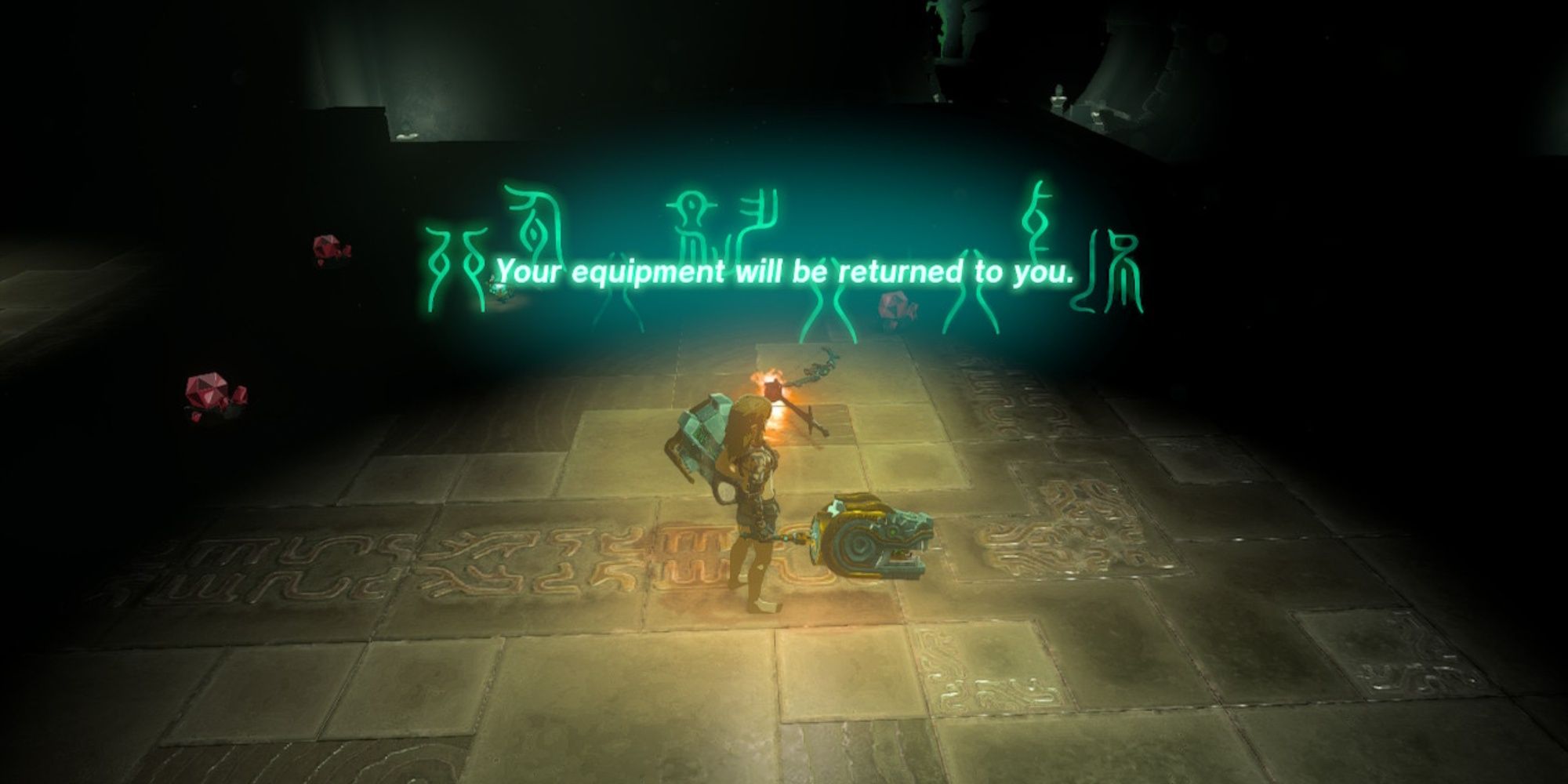 A message informing Link that he has completed Simosiwak Shrine and that his equipment will be returned to him in The Legend of Zelda: Tears of the Kingdom