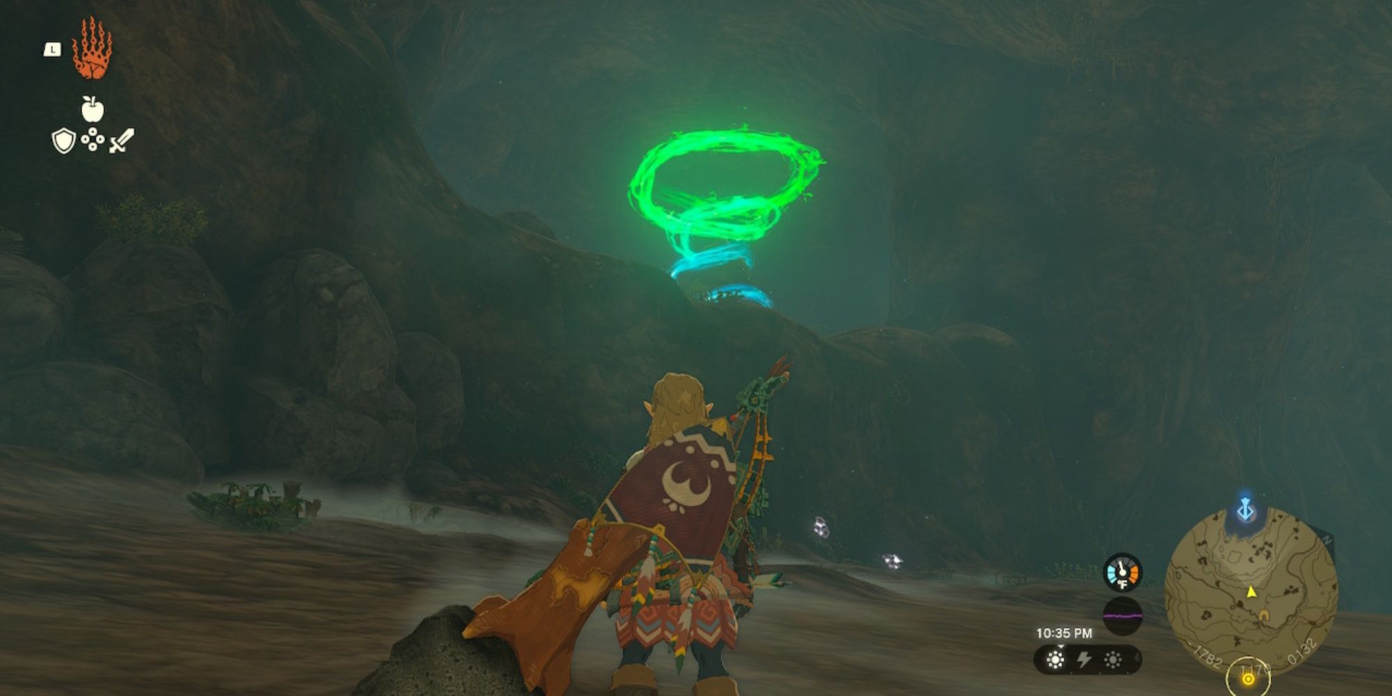 Link approaching Takiihavan Shrine from inside Lindor's eyebrow cave in The Legend of Zelda: Kingdom of Tears