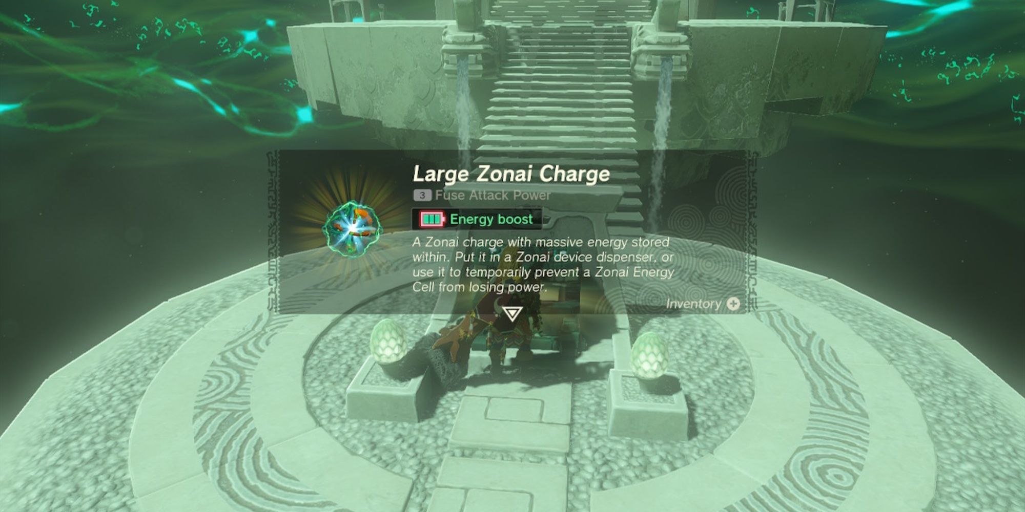In The Legend of Zelda: Kingdom of Tears, Link opens the Takiihaban Shrine treasure chest and receives a Great Zonai Charge.