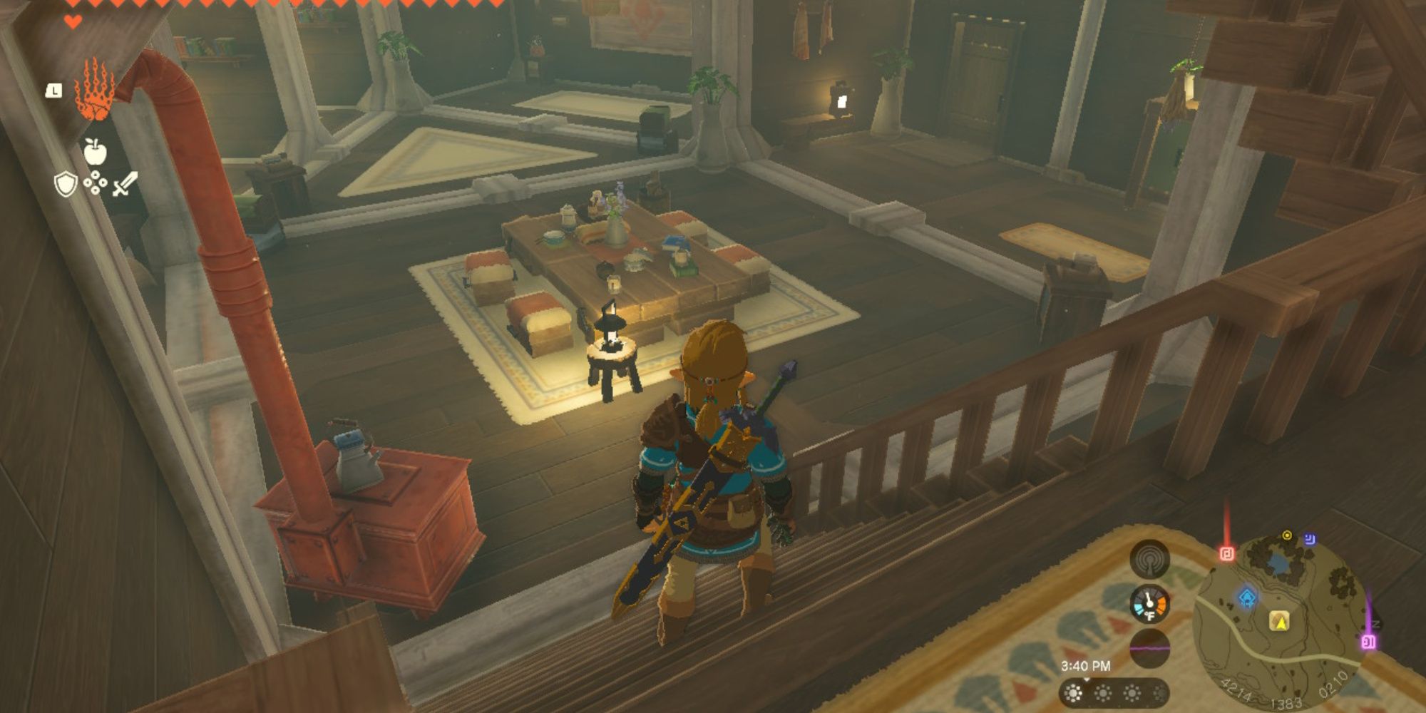the legend of zelda tears of the kingdom the furnished square connector room in link's house with the triangular furnished connector room in the background