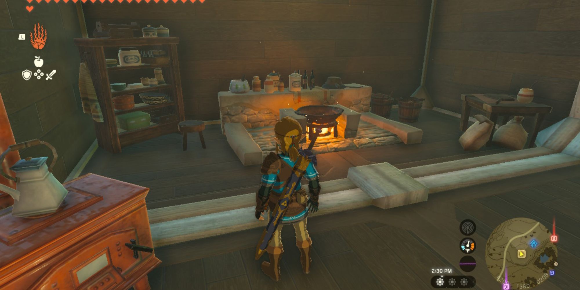 the legend of zelda tears of the kingdom the kitchen inside of Link's house with a lit cooking pot