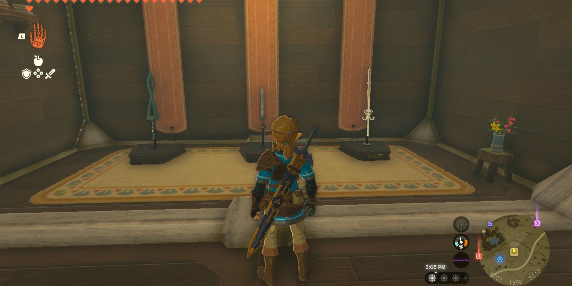 the legend of zelda tears of the kingdom the weapon display room in Link's house with the dusk claymore, white sword of the sky, and the fierce deity sword on display