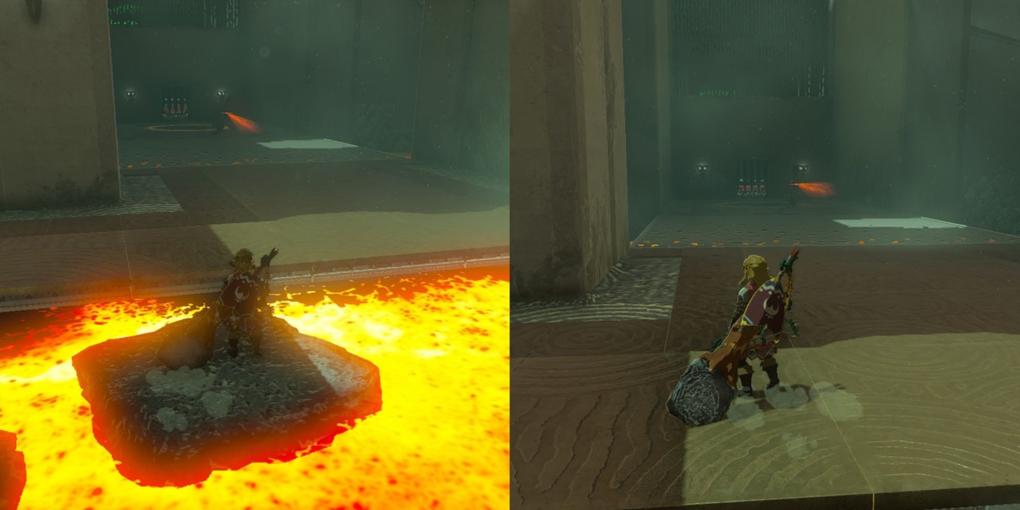 A link that jumps from the lava stone plate to the next area of ​​Timawak Temple in The Legend of Zelda: Kingdom of Tears.