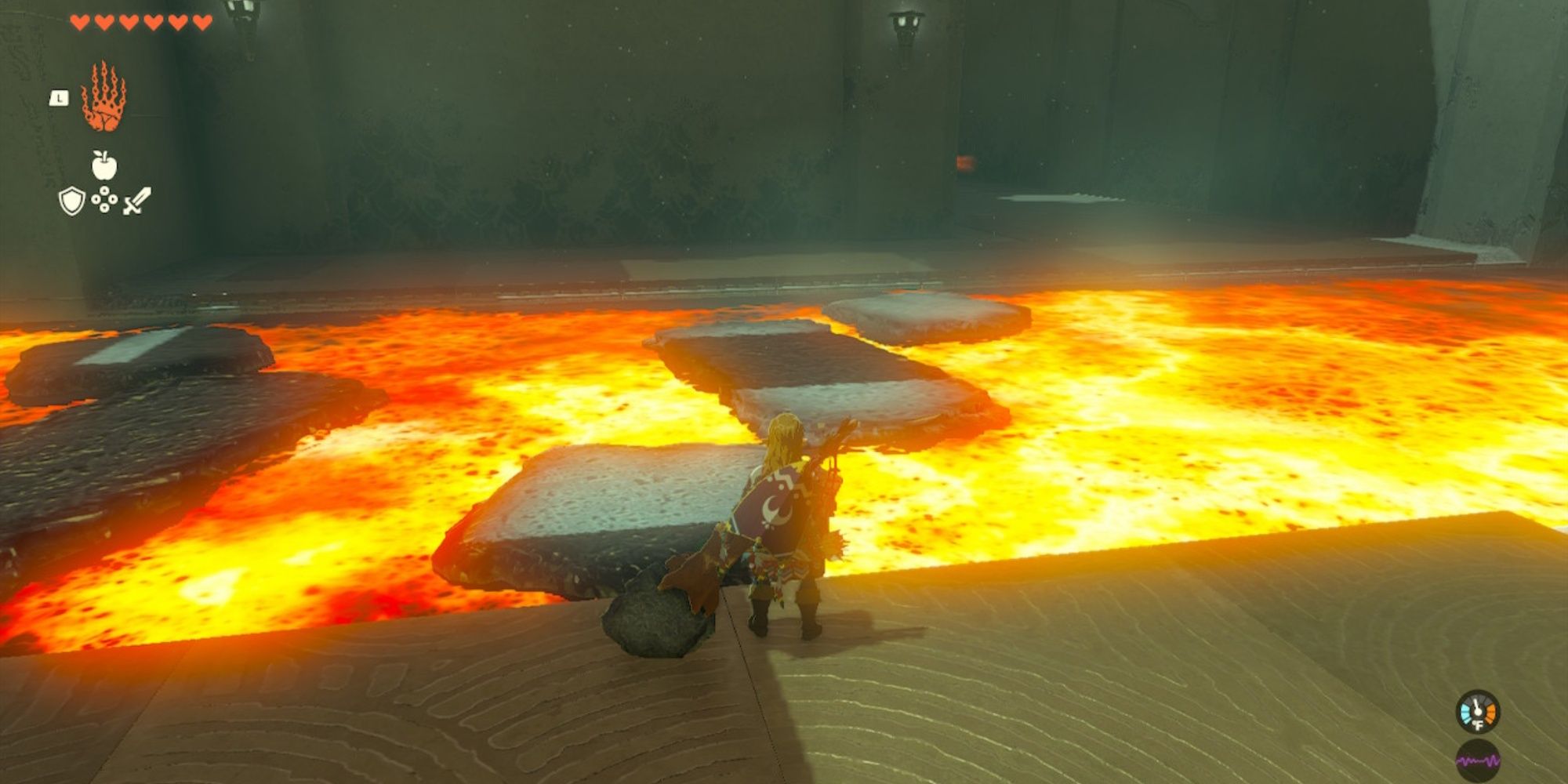 Link prepares to jump over a lava platform formed out of water at the Temple of Timawak in The Legend of Zelda: Kingdom of Tears.