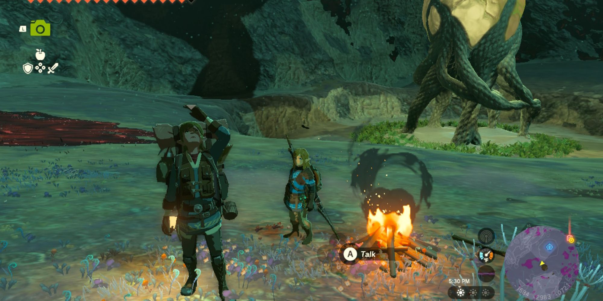 The Legend of Zelda: Tears of the Kingdom: Infantrymen of the Yiga clan disguised as researchers of the depths, staring at the empty Zonai device