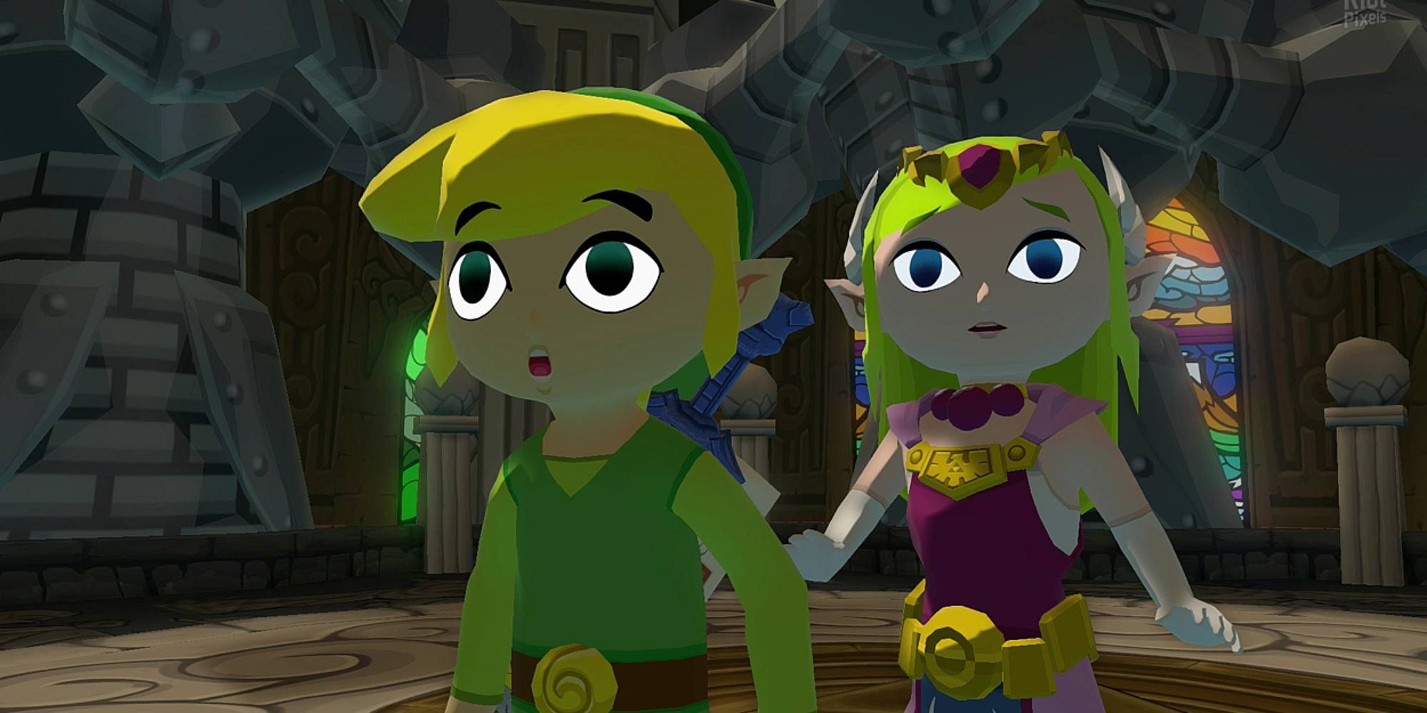 Toon Link und Zelda schauen schockiert auf und sehen etwas außerhalb der Kamera in einem Verlies in Wind Waker
