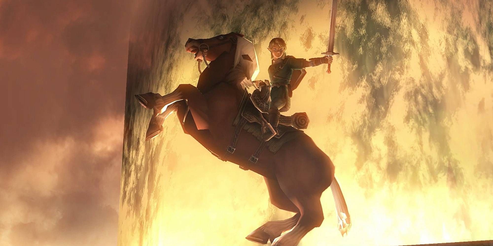 Link rides on his horse as fire is in the background, he holds his sword up