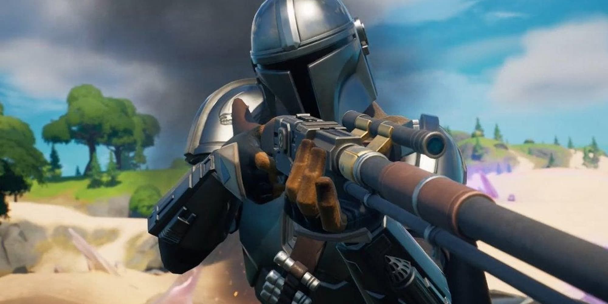 The Mandalorian aims down the scope of a rifle in Fortnite.