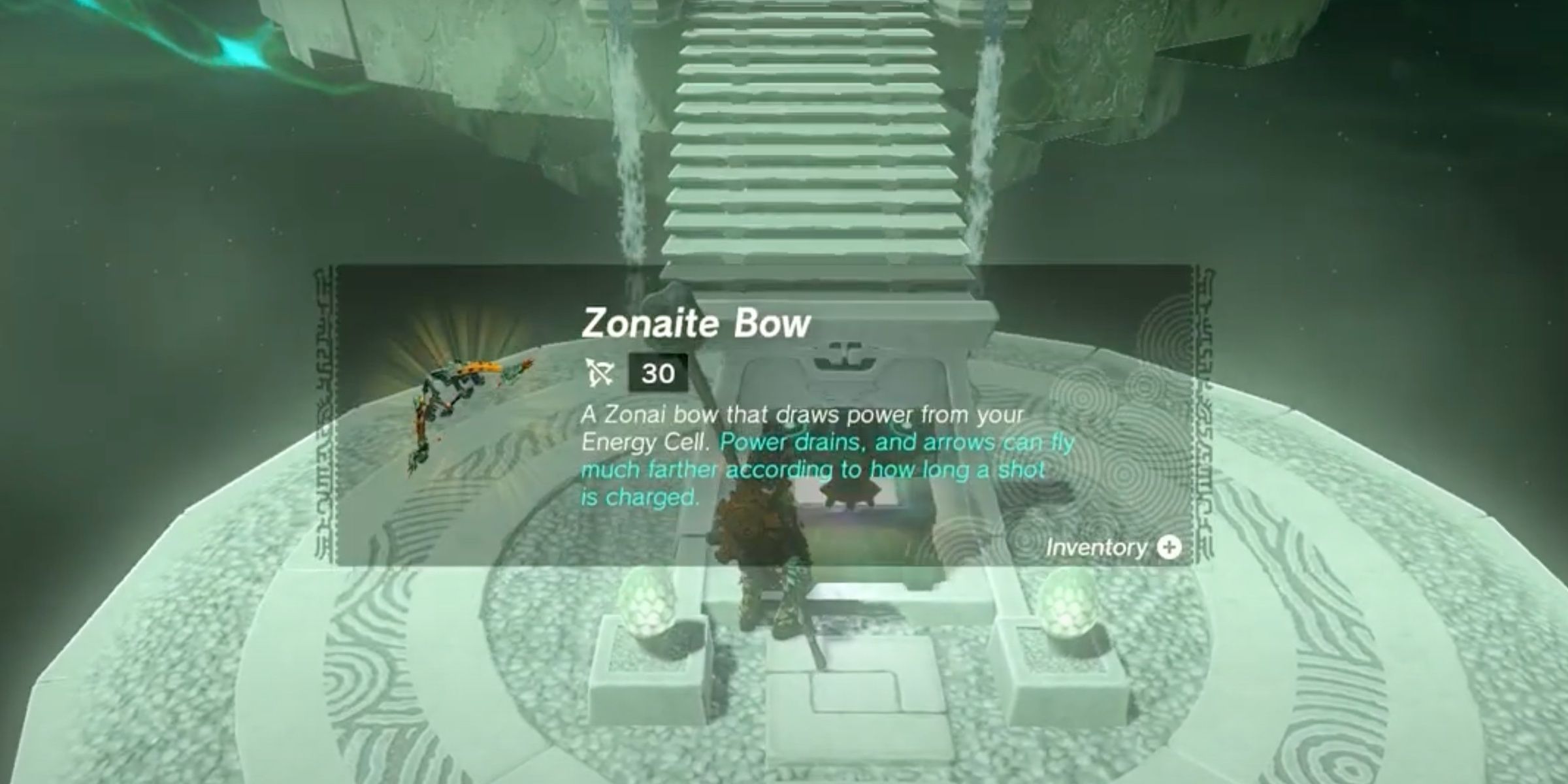 Link obtains the Zonite Bow from the Necruda Sky Crystal quest in The Legend of Zelda: Tears of the Kingdom.