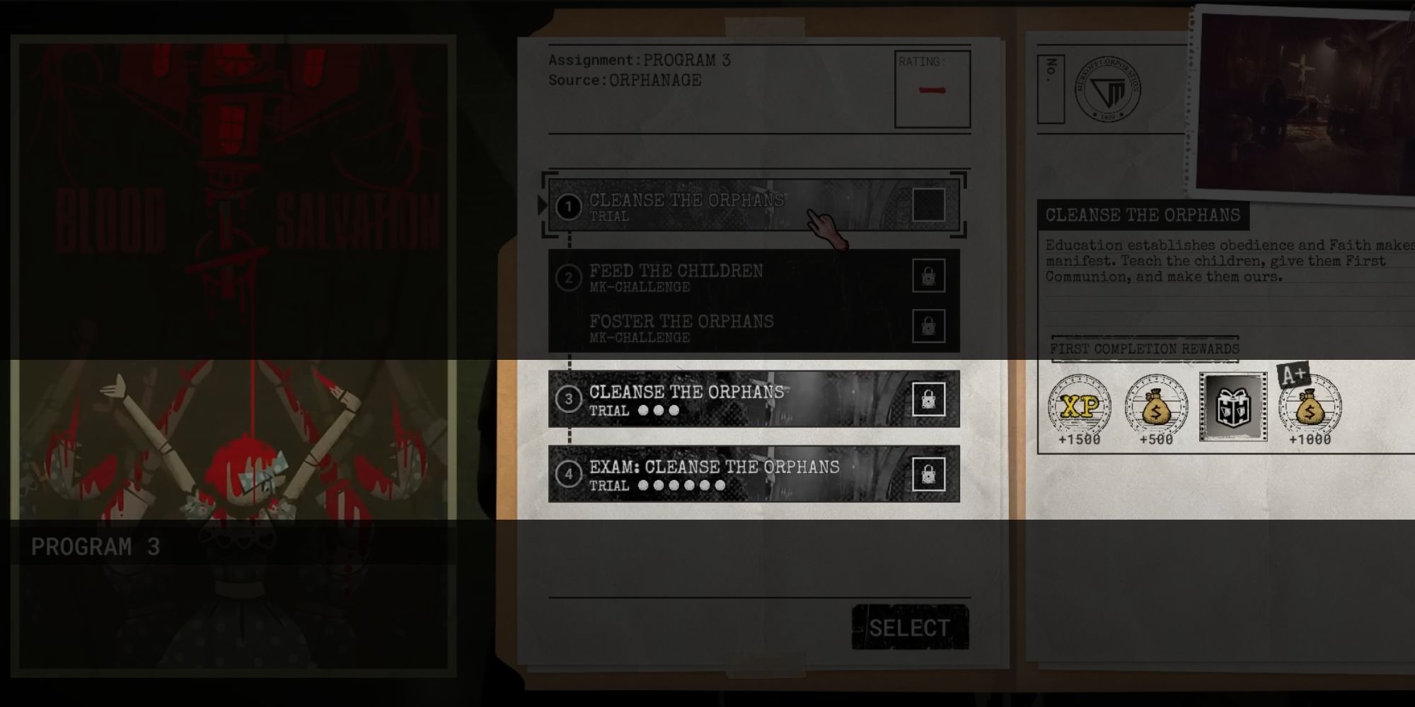 The Outlast Trials Orphanage Menu Highlighting Challenge 3 and 4