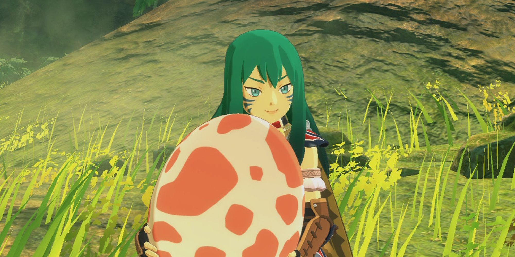 The player holding a large monstie egg in Monster Hunter Stories 2