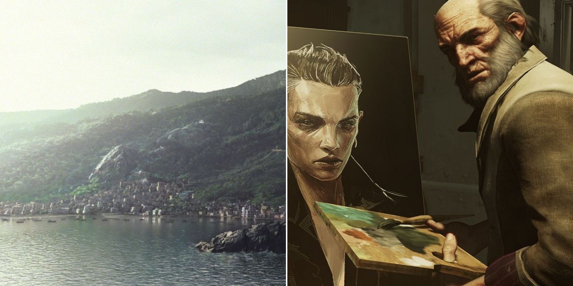 The seaside view of the city of Karnaca and Anton Sokolov painting a portrait of Delilah Copperspoon in Dishonored 2