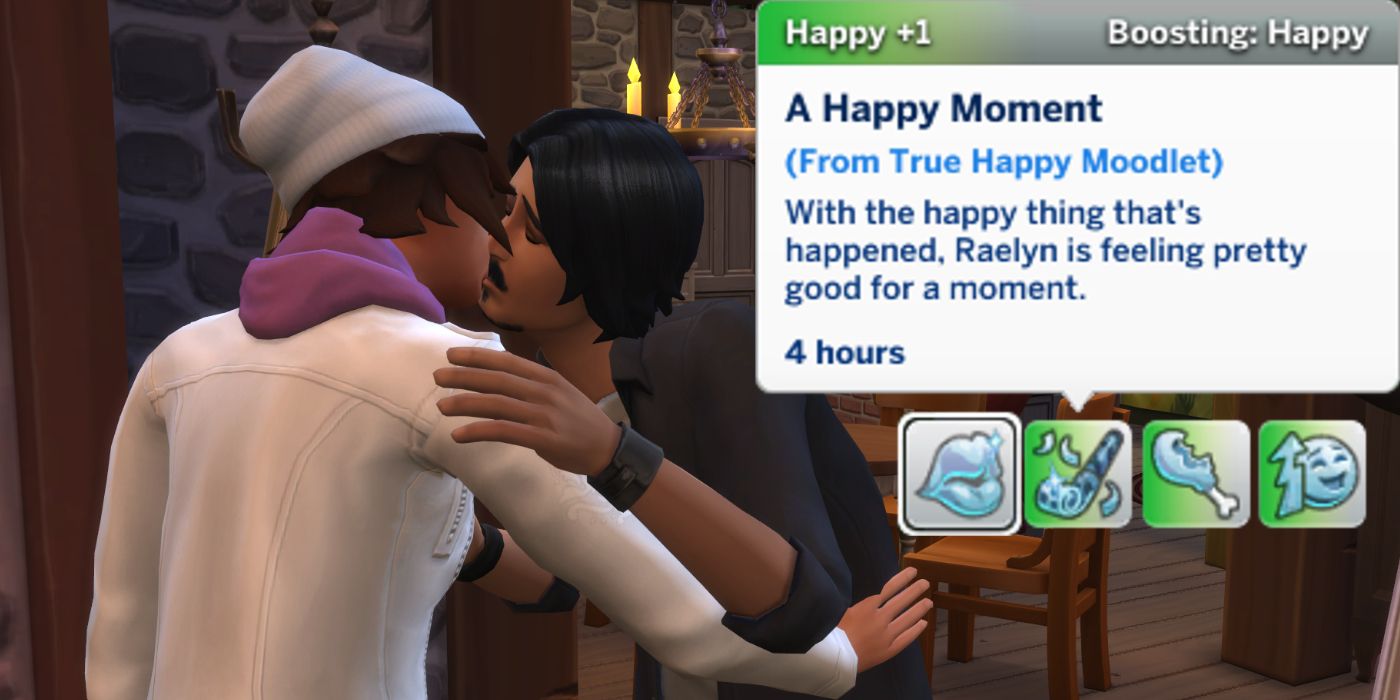 Two sims embracing with a popup happy moment bubble