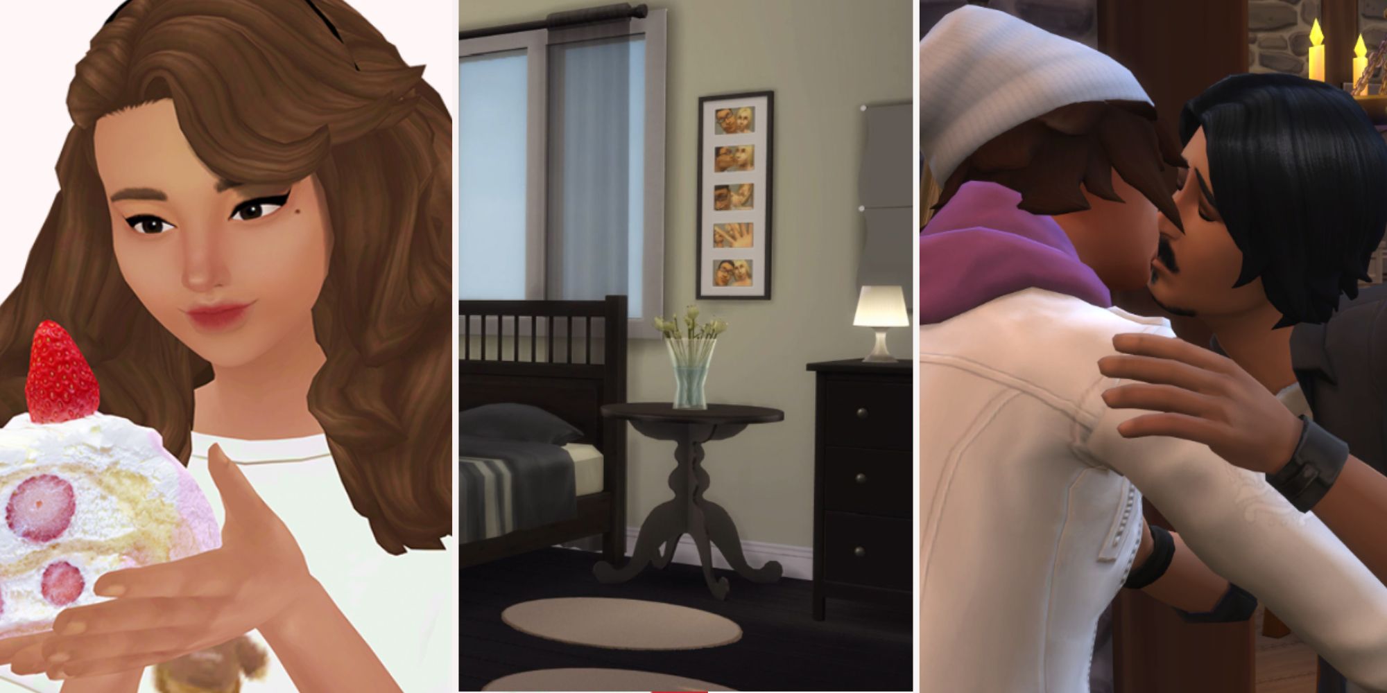 The SIms 4 Mod and Stuff Packs. A close up of strawberry cake sim, ikea bedroom and 2 sims embracing.