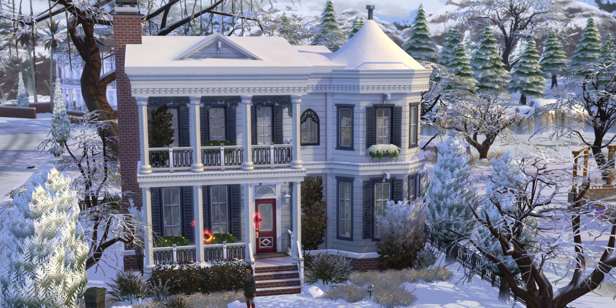 The Sims 4 Paranormal Stuff Duplantier Mansion win the snow with spectres outside