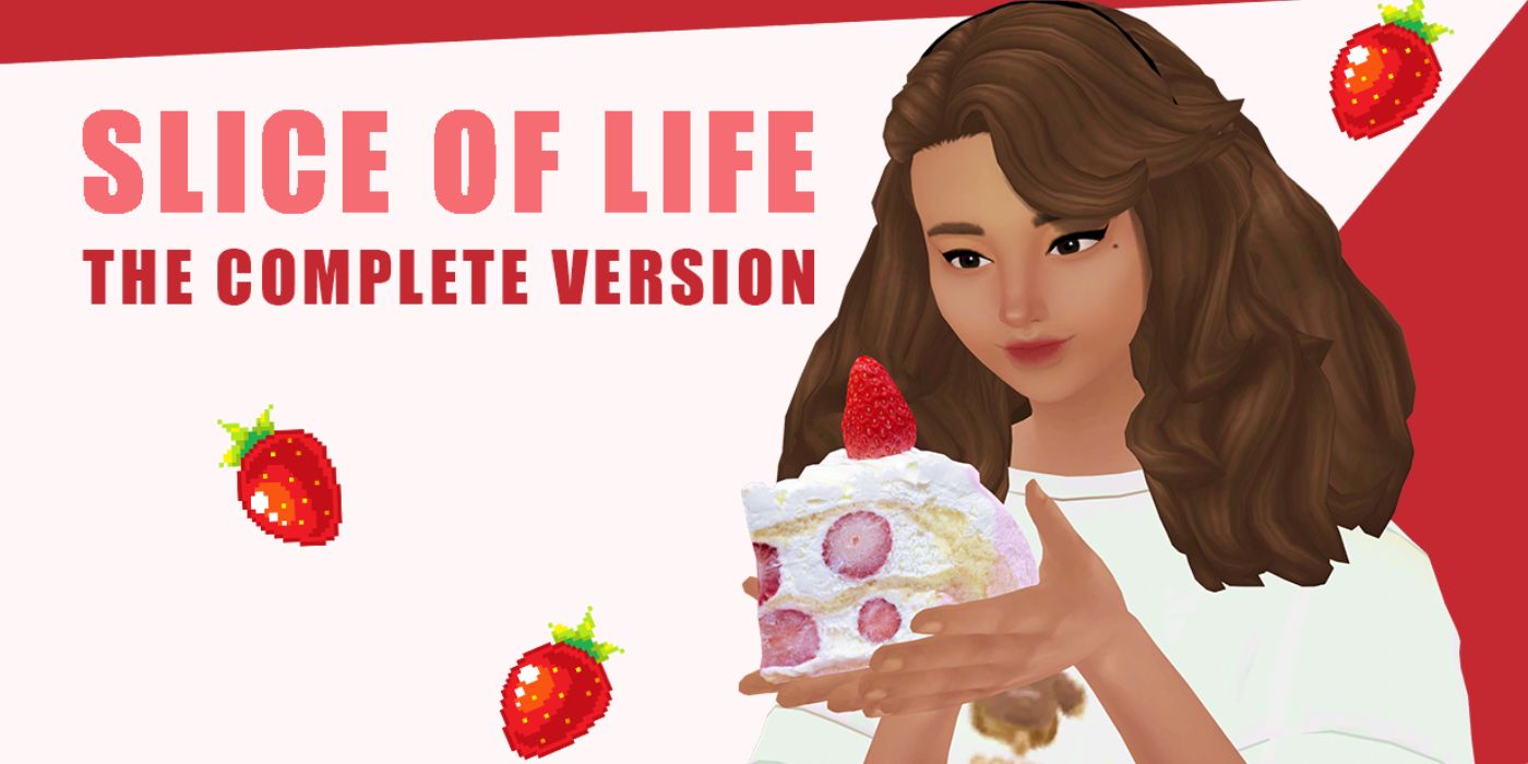 The Sims 4 Slice of Life logo by a Sim with a strawberry cake