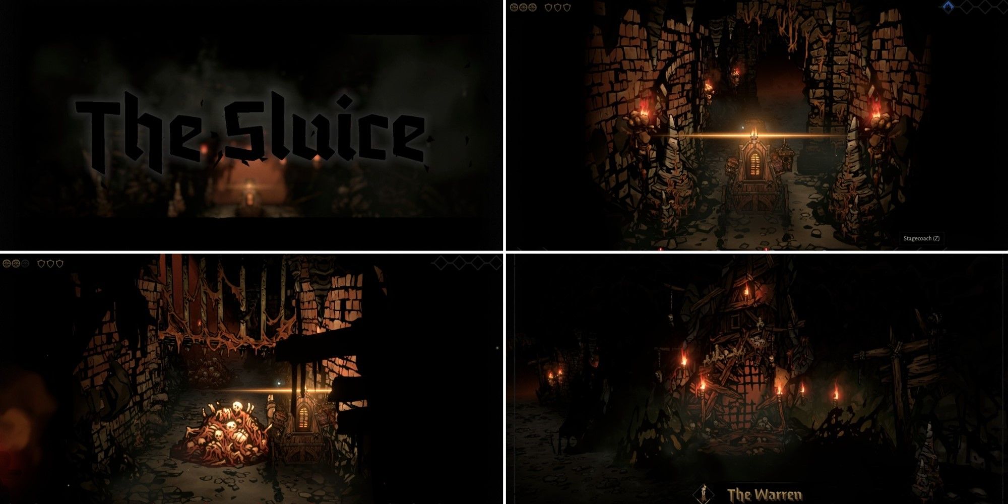 Four screenshots of The Sluice from Darkest Dungeon 2