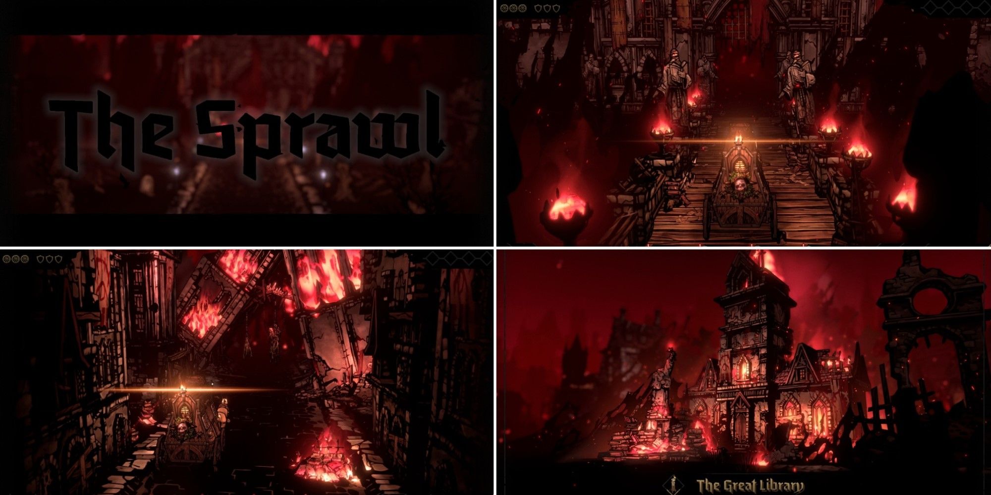 Four screenshots of The Sprawl in Darkest Dungeon 2
