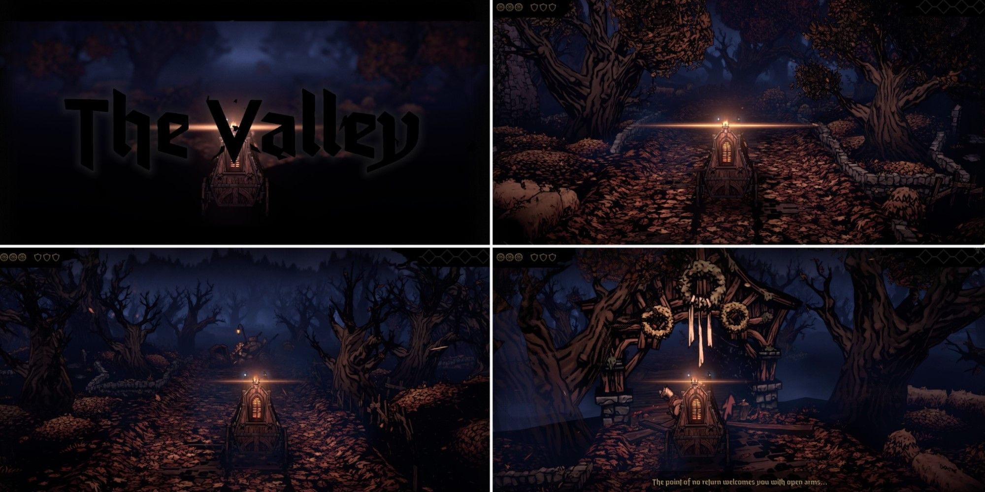 4 screenshots of the valley in Darkest Dungeon 2