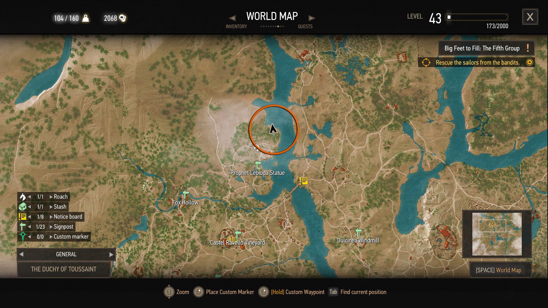 A screenshot of The Witcher 3&rsquo;s map with an orange circle over a quest objective.