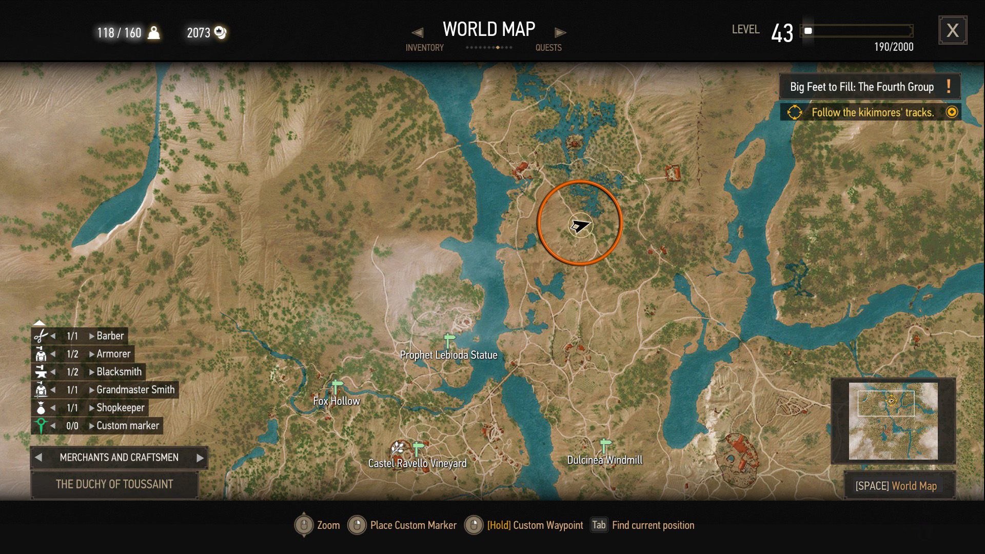 A screenshot of The Witcher 3 map with an orange circle above the quest objective.