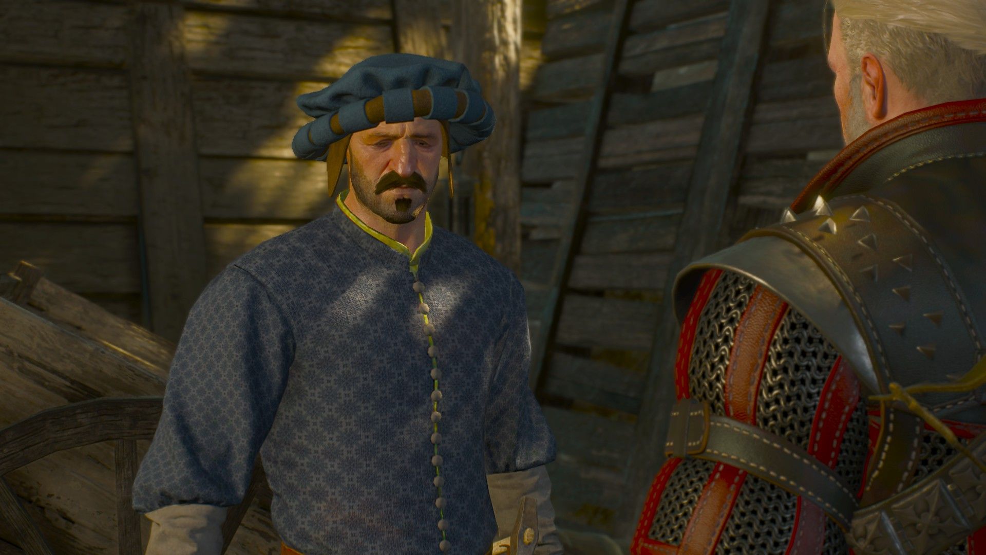 A well-dressed man in blue talks to Geralt at a work site in Toussaint.