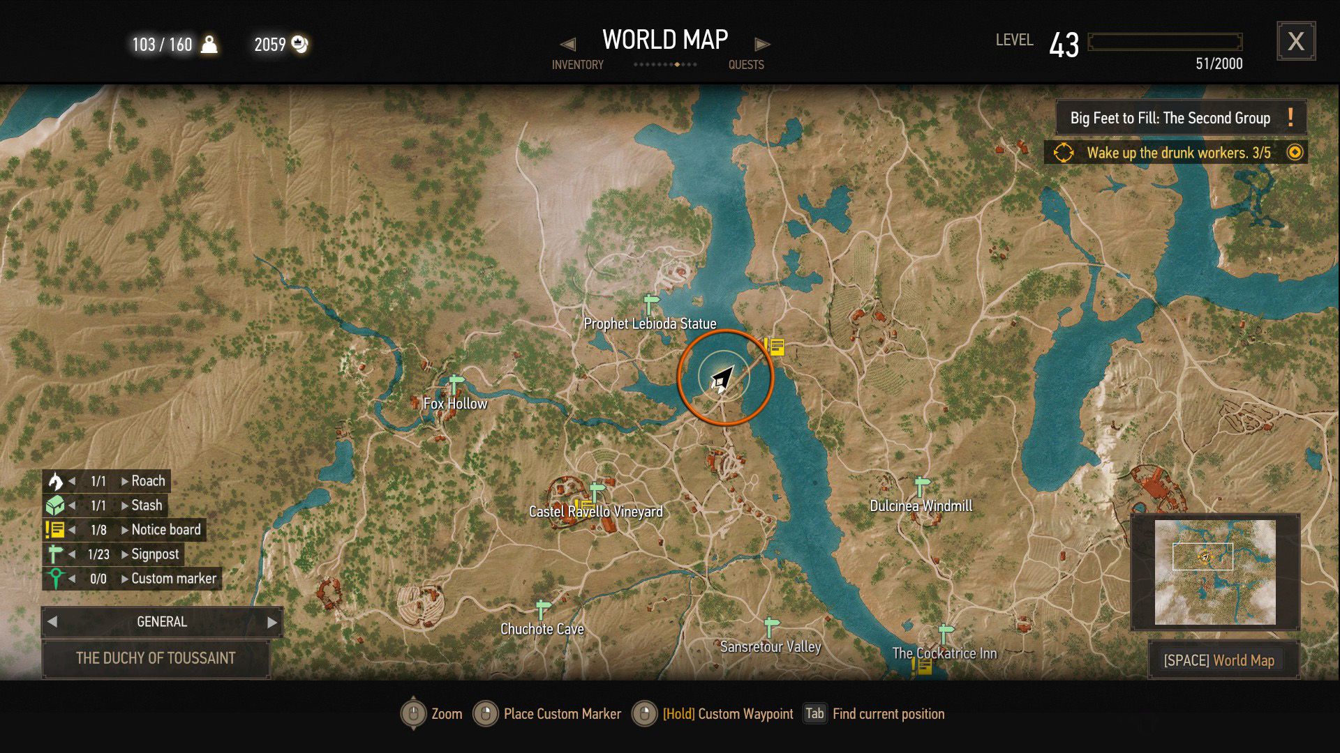 A screenshot of The Witcher 3&rsquo;s map with an orange circle over a quest objective.