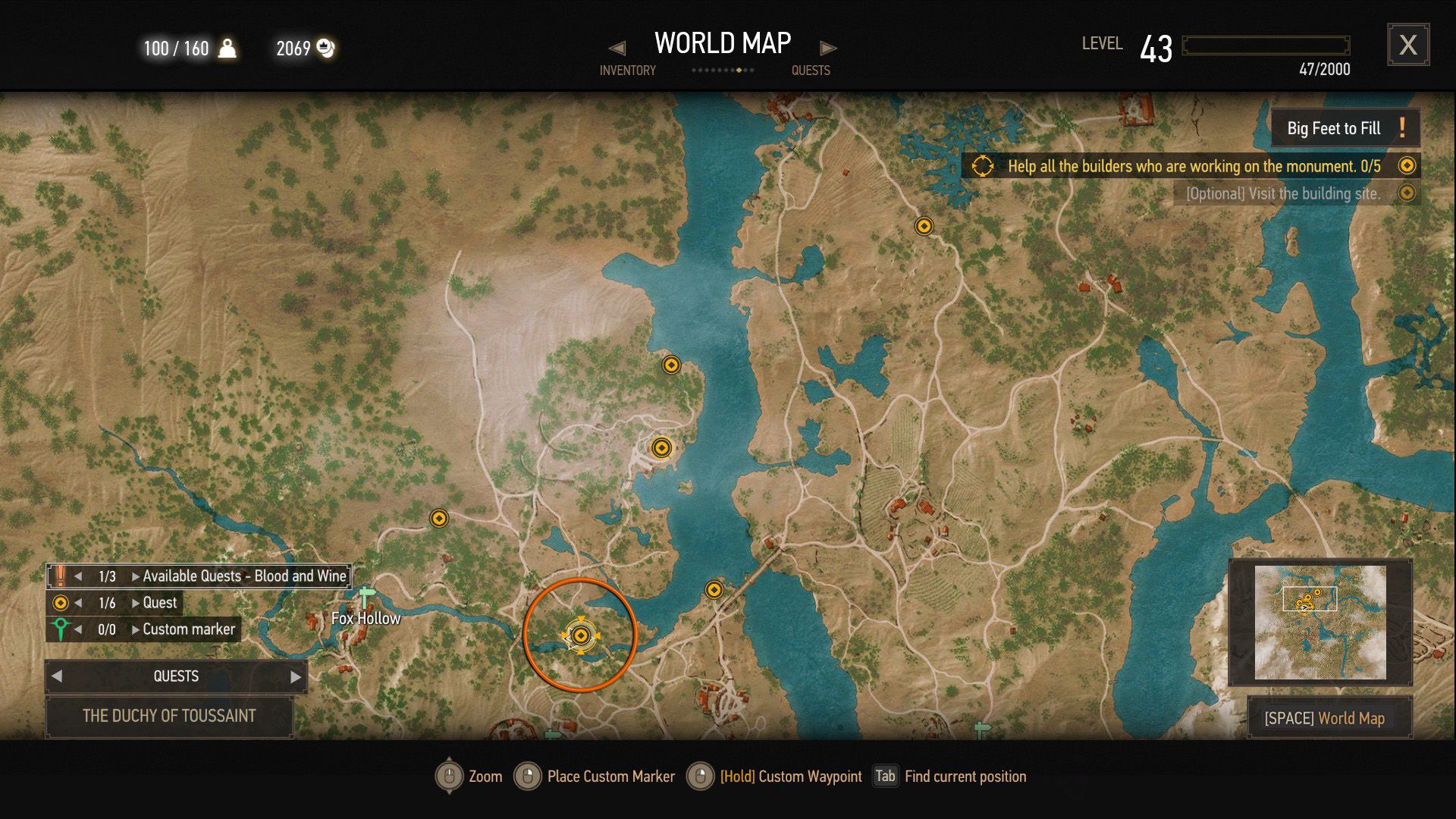 A screenshot of The Witcher 3 map with an orange circle above the quest objective.