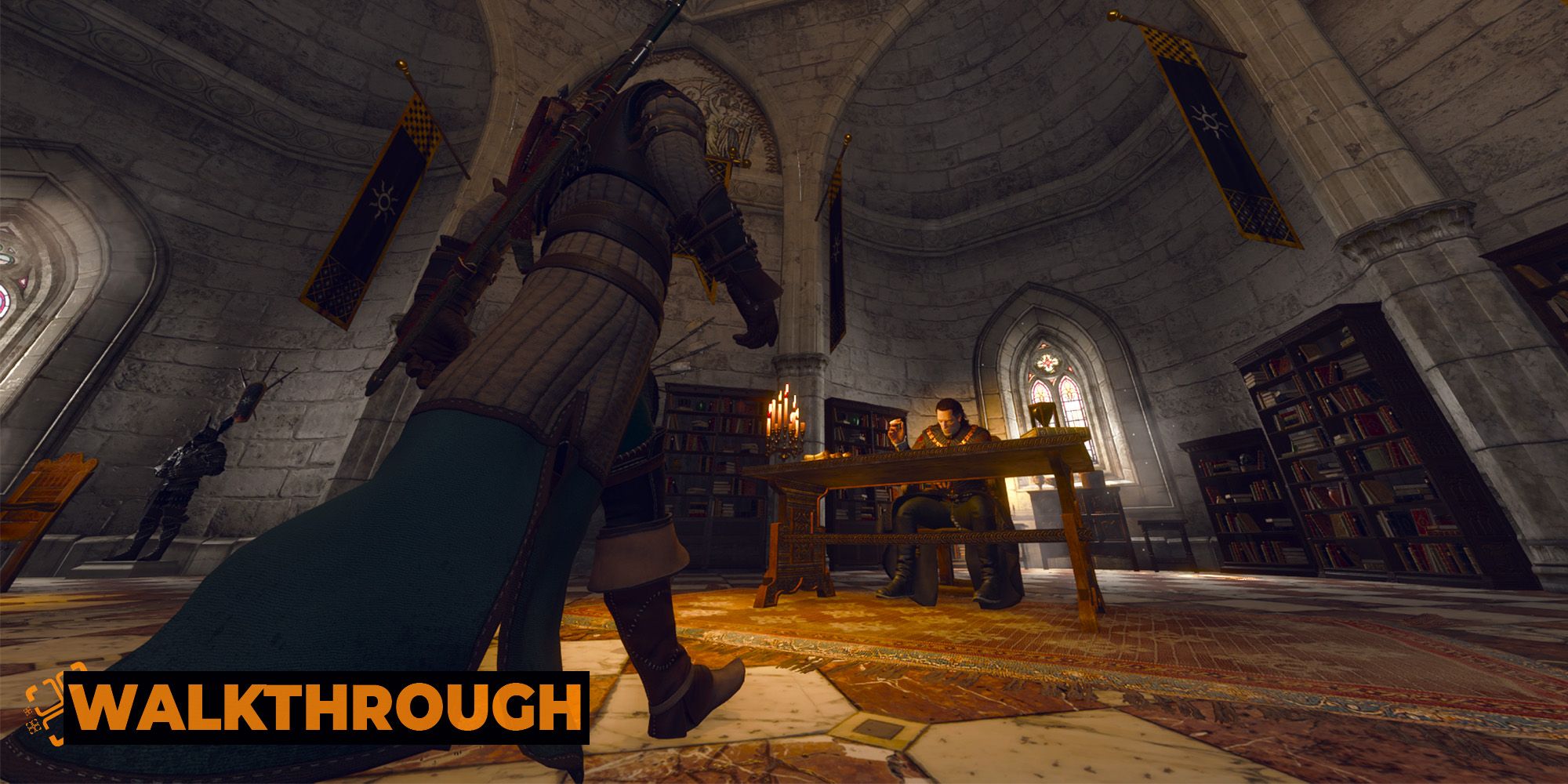 A photo of Geralt approaching Emhyr with a wide FOV stretching the image out.