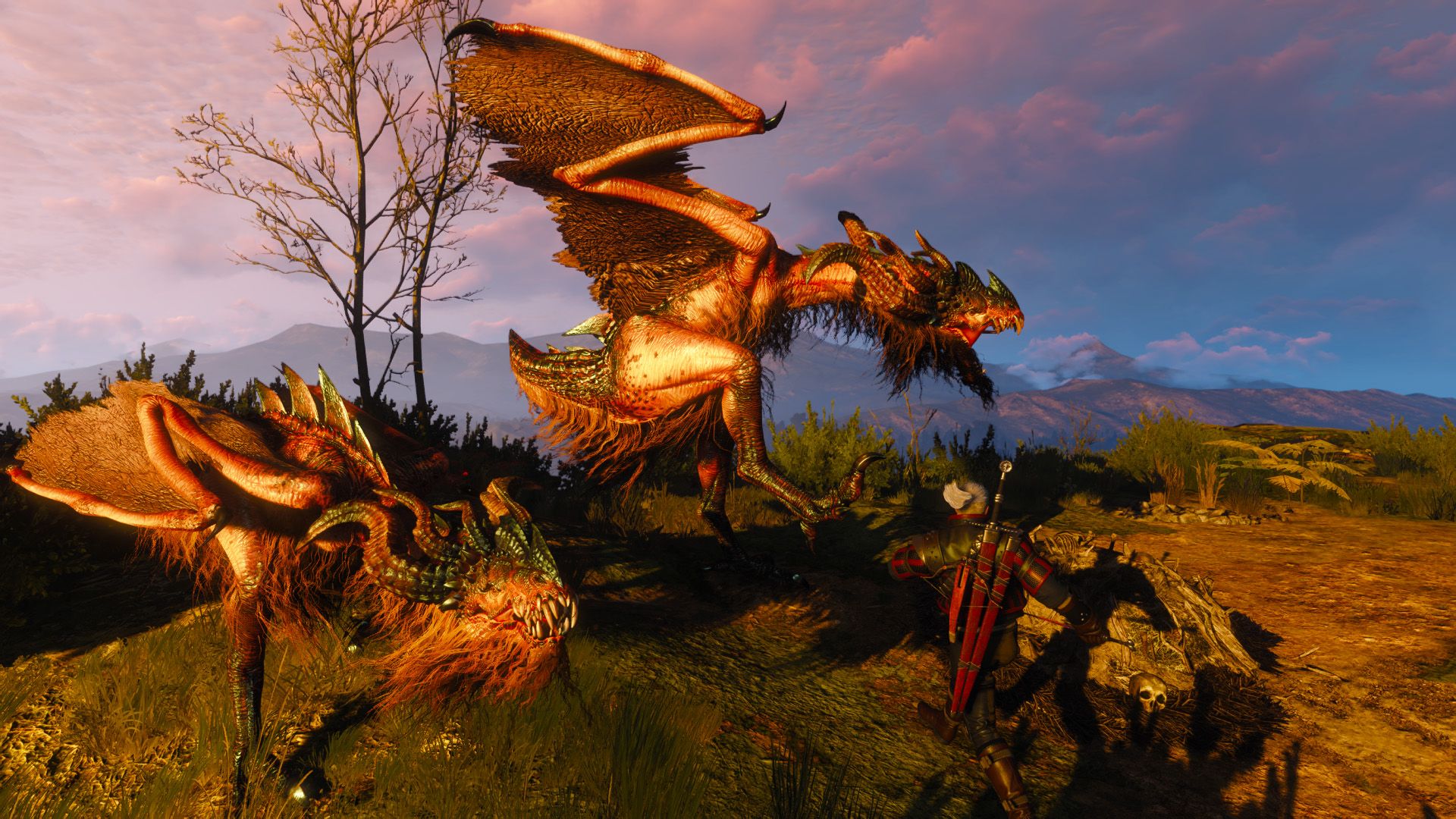 Geralt dodges away for a pair of wyverns in the evening as they fight on a hill.