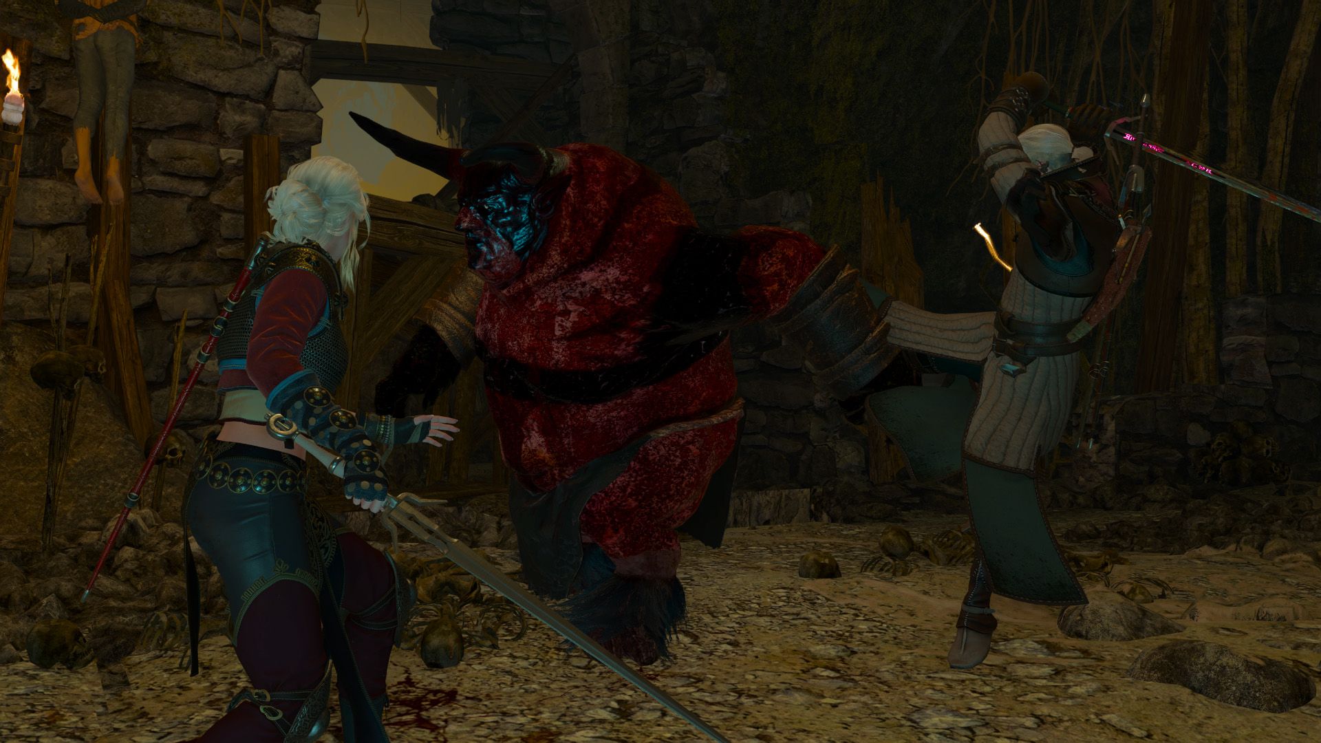 Geralt makes a spinning slash at a red-skinned monster while Ciri prepares for her own attack.