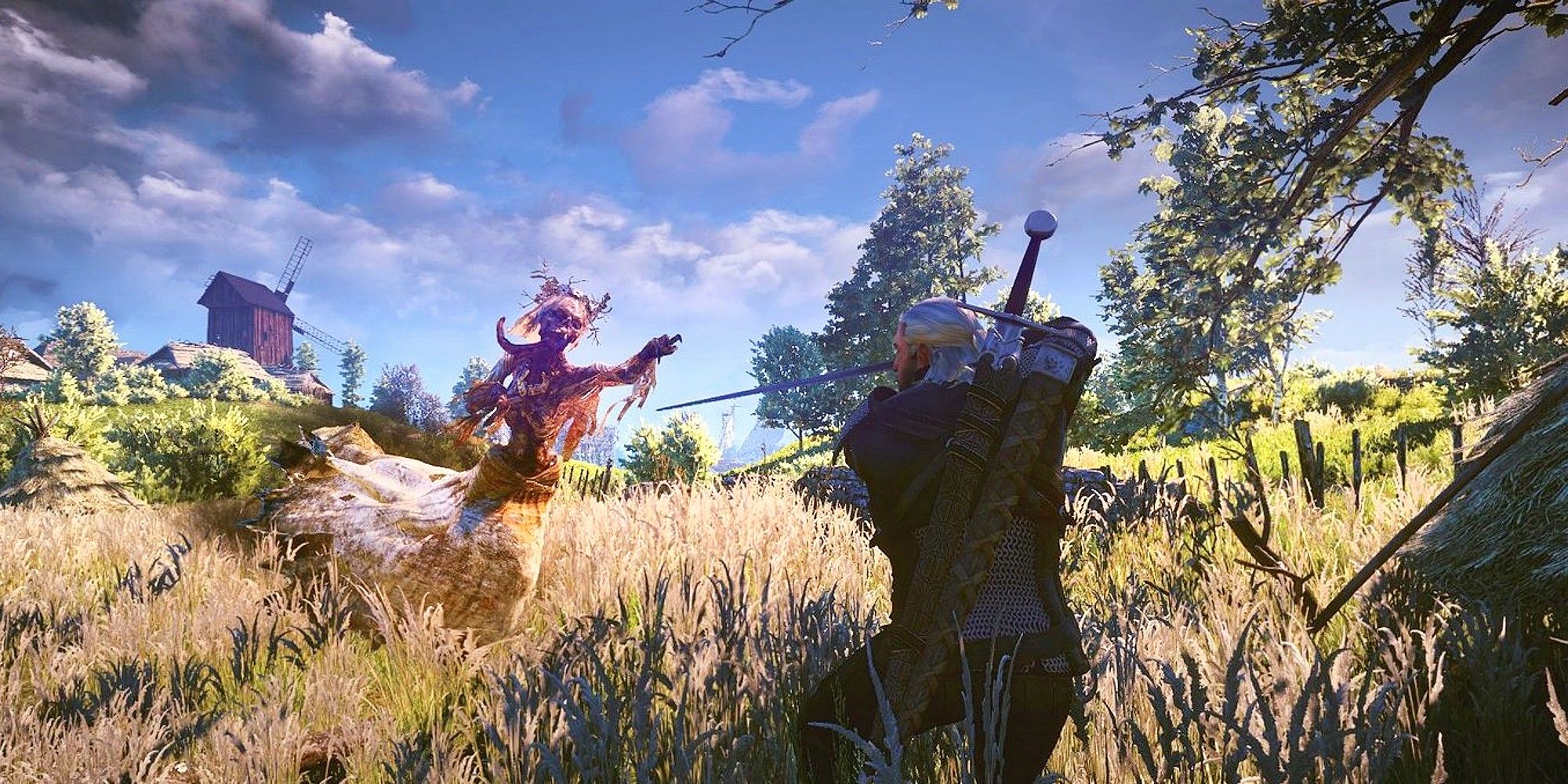A noonwraith lunging towards Geralt who is prepared to attack