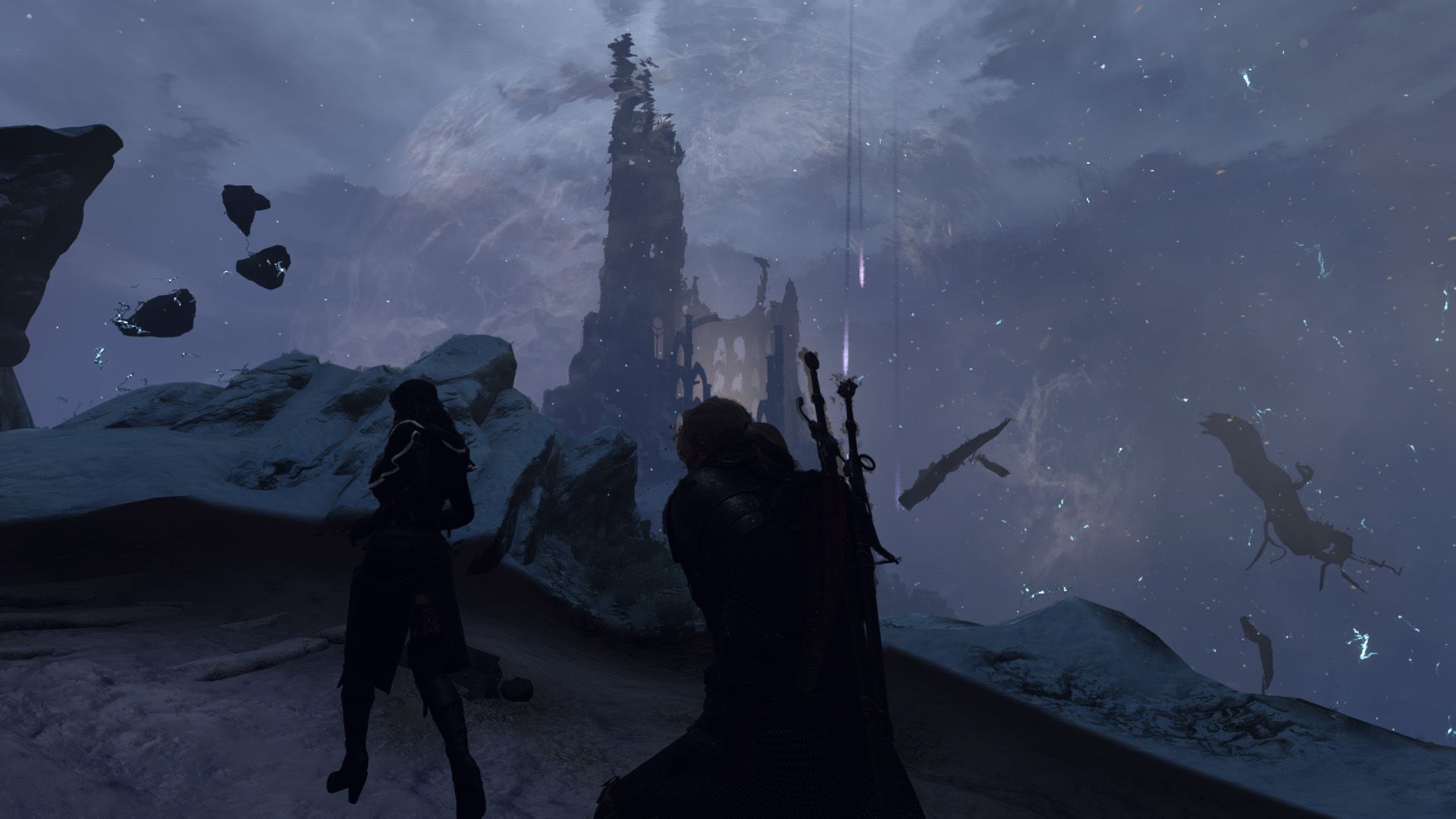 Geralt and Yennefer run across a cliff as they race towards a tower with magical anomalies around them.