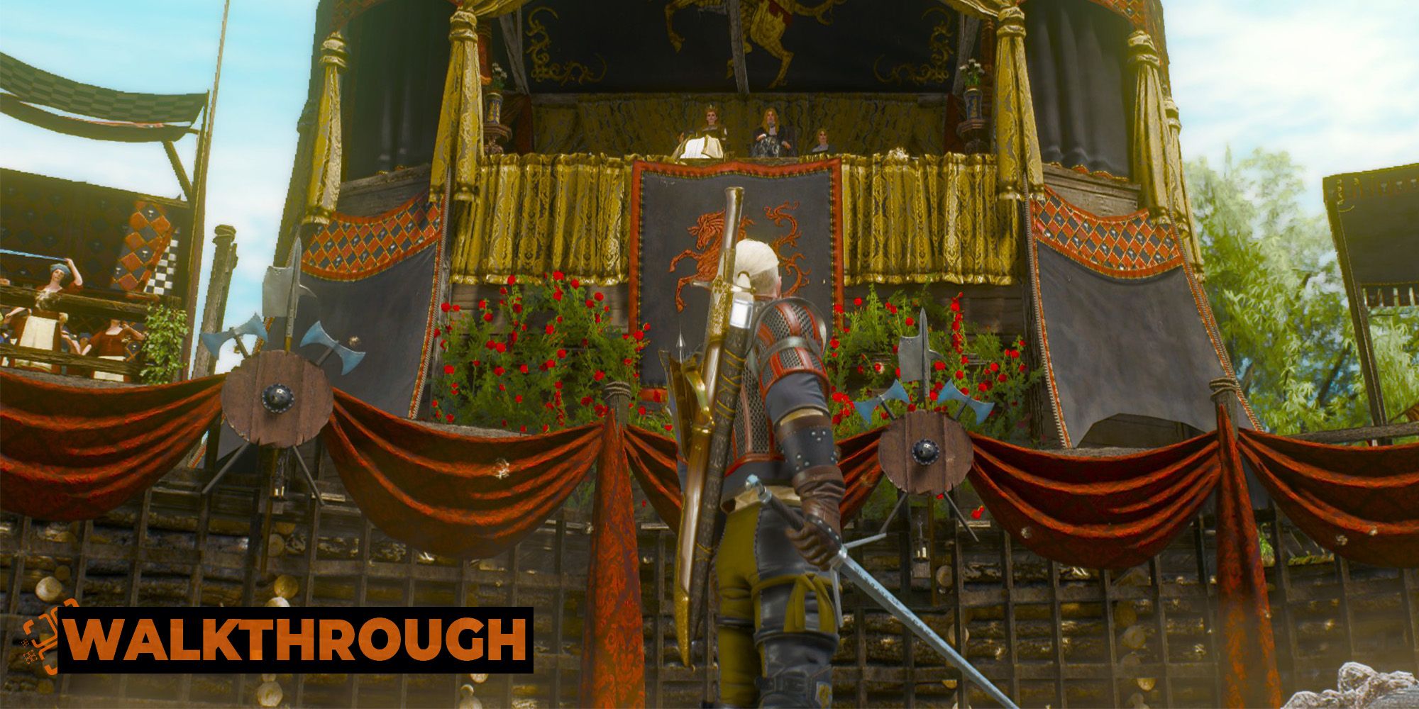 Geralt stands before an audience in an arena with his sword drawn.