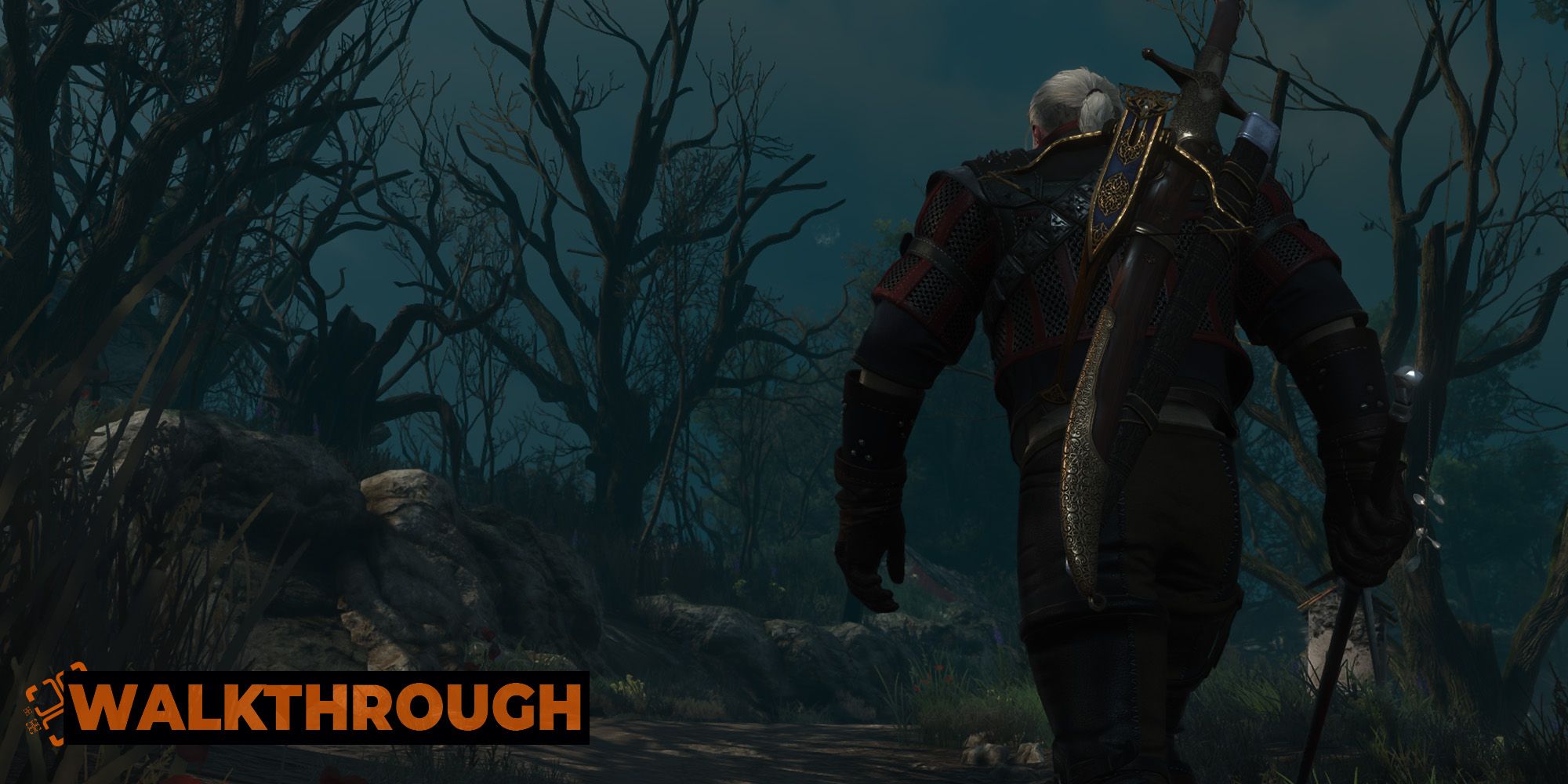 Geralt marches through a dark forest with his silver sword drawn.