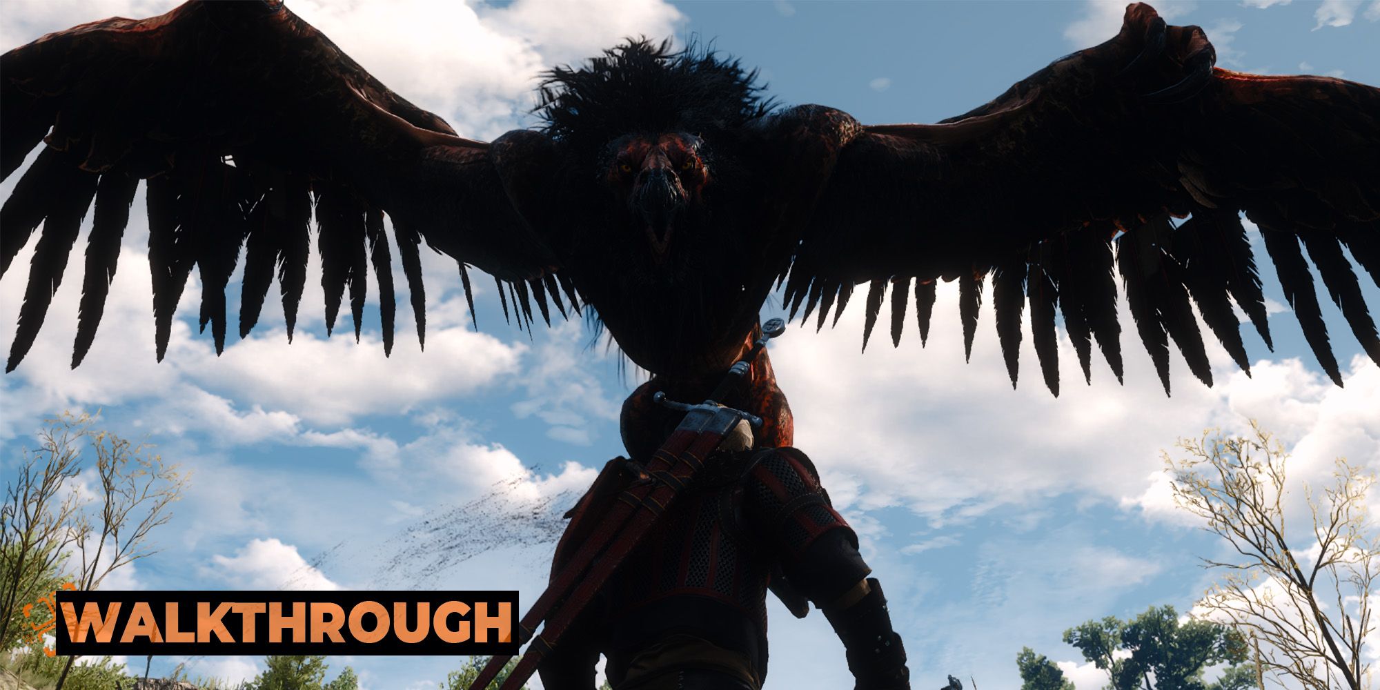 A griffin towers over Geralt on a sunny day in the fields of Velen.
