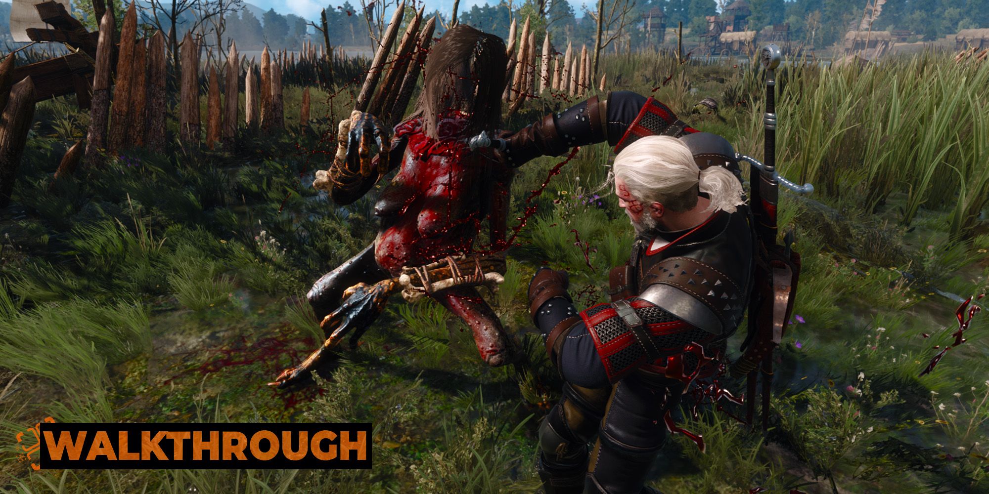 Geralt fights a Bilge hag in a swamp, twirling his sword around him.