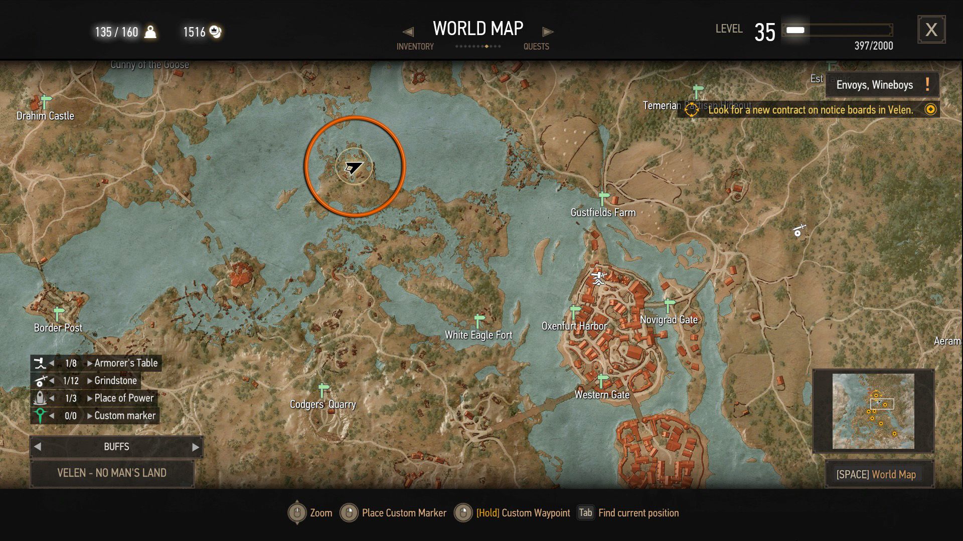 A screenshot of The Witcher 3&rsquo;s map, with an orange circle over a quest objective.