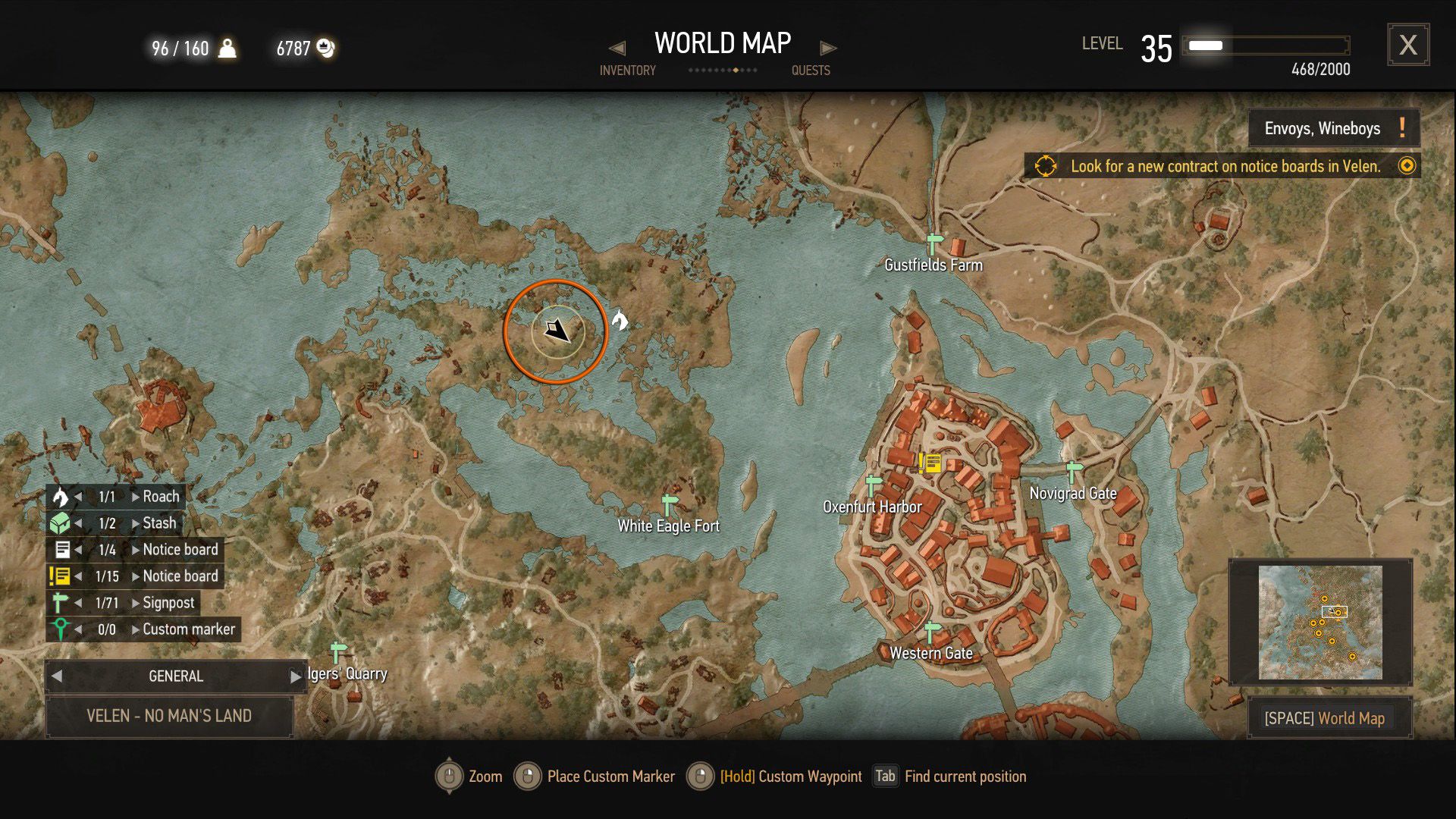 A map of The Witcher 3, with an orange circle over a quest objective.