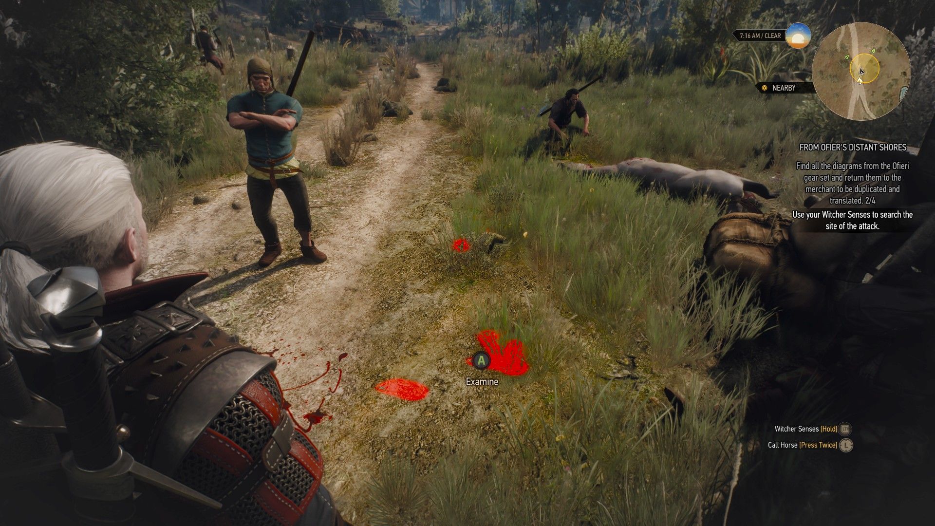 A screenshot of Geralt&rsquo;s Witcher Senses highlighting a set of footprints by an attacked caravan.